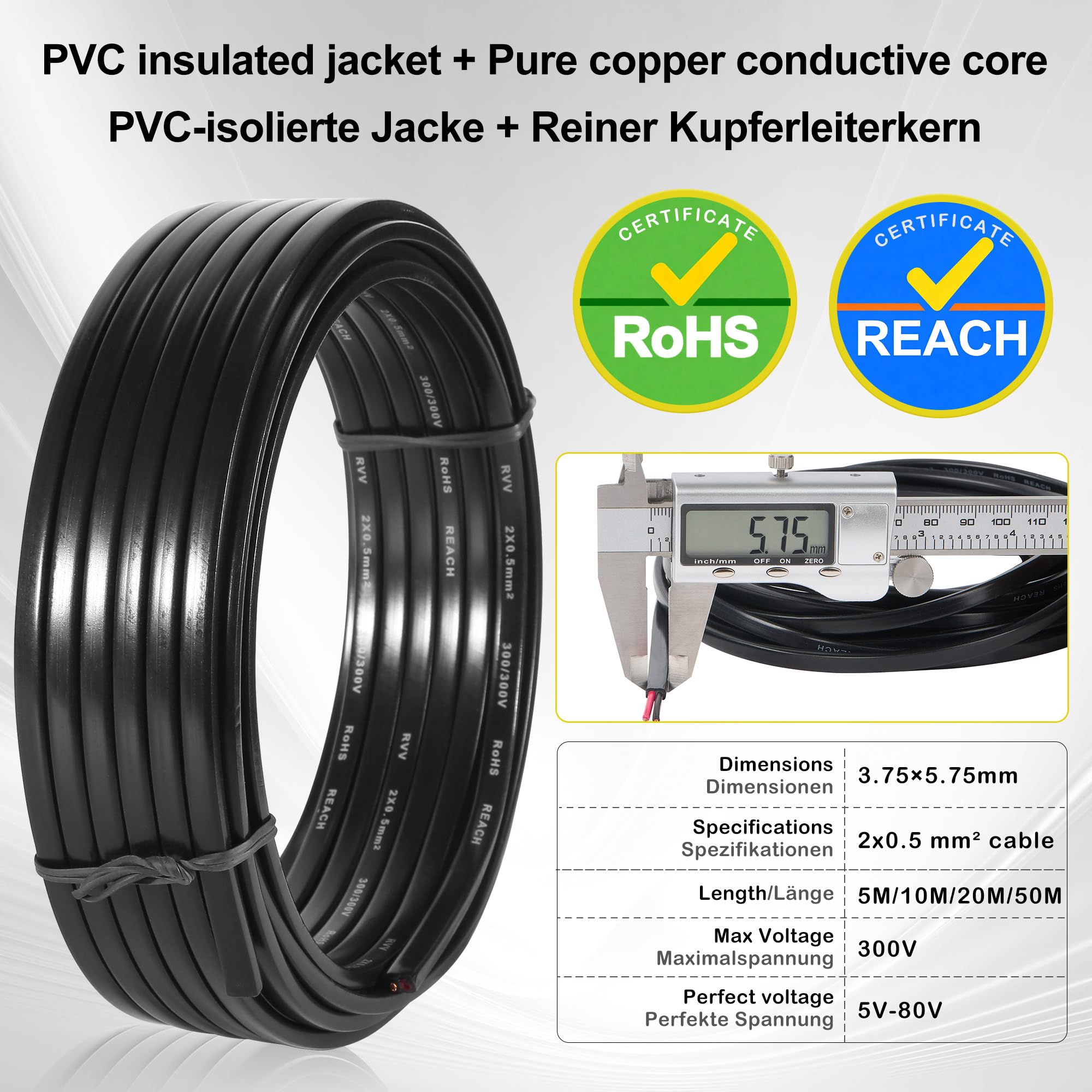 D-TECH Cavo Piatto 2 Fili per Auto 50M, Cavo Elettrico 2 conduttori rimorchio, 5V-80V Cavo a 2 conduttori per rimorchio Camion, Trattore, Barca, roulotte, Cavo Rimorchio 2 Poli 0,5mm²