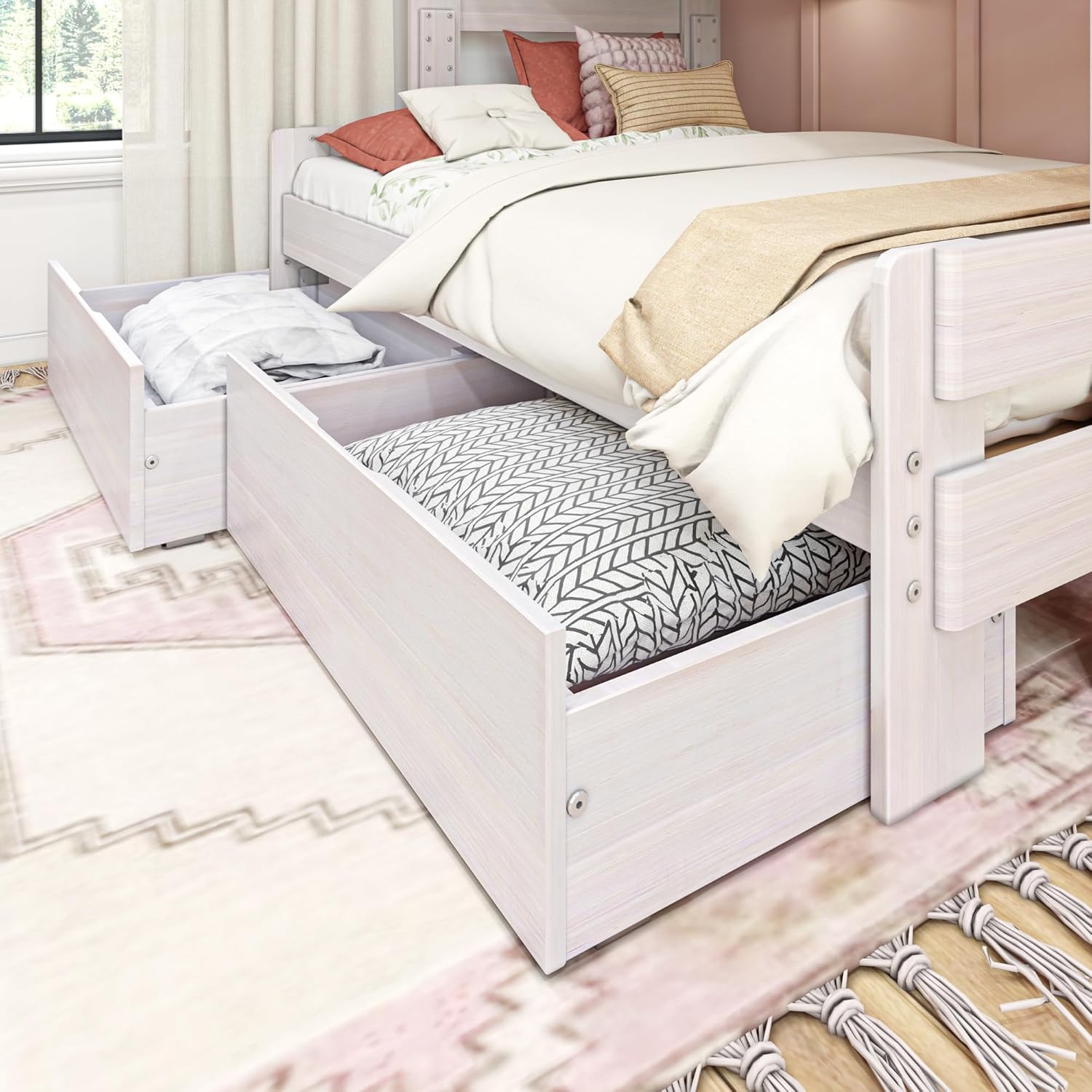 Max & Lily Modern Farmhouse Twin/Full Bunk Bed with Storage Drawers, White Wash