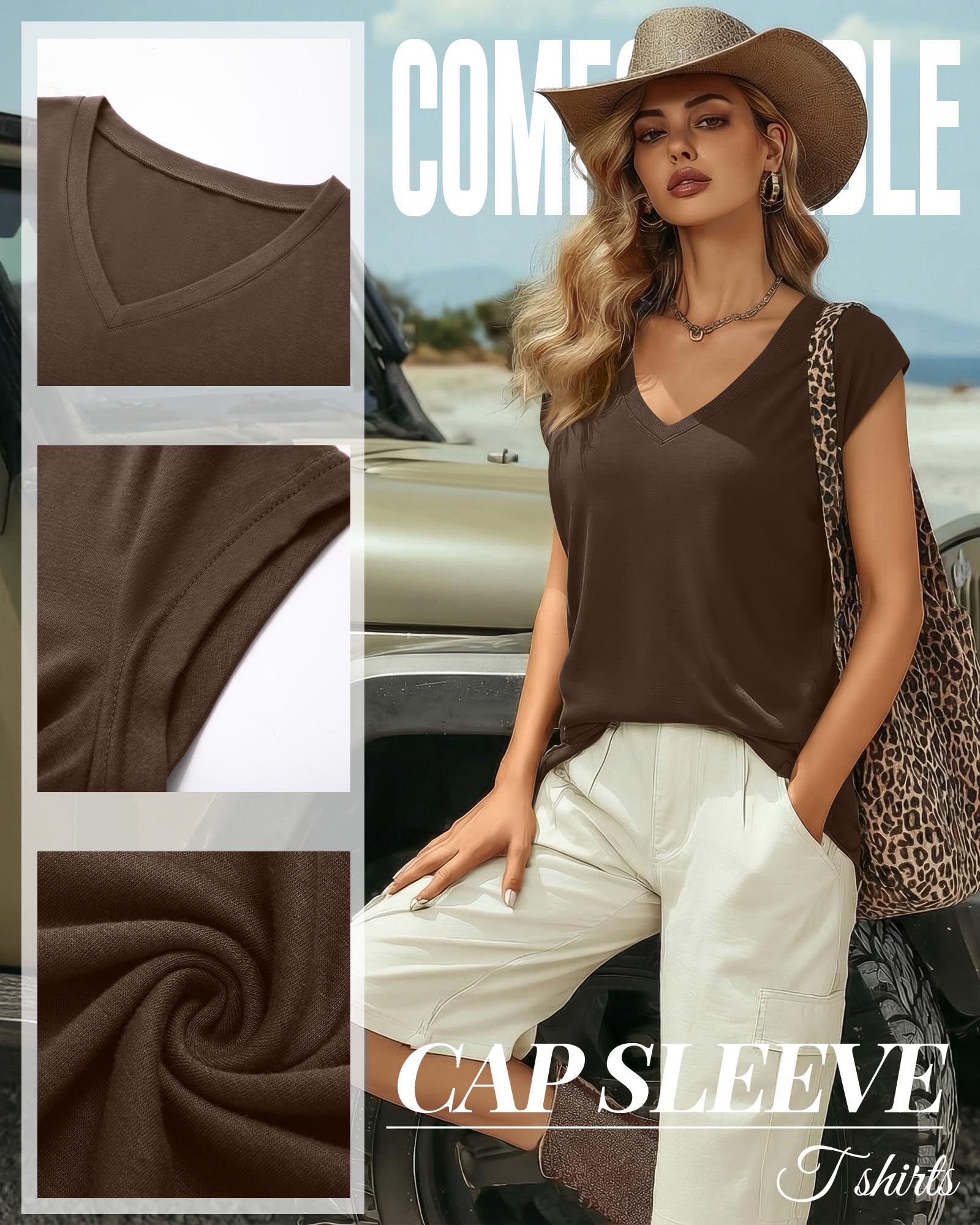 Geyoga Confezione da 3 T-Shirt da Donna con Scollo a V, Maniche a Cappuccio, Top Estivi Casual e Magliette Basic a Maniche Corte