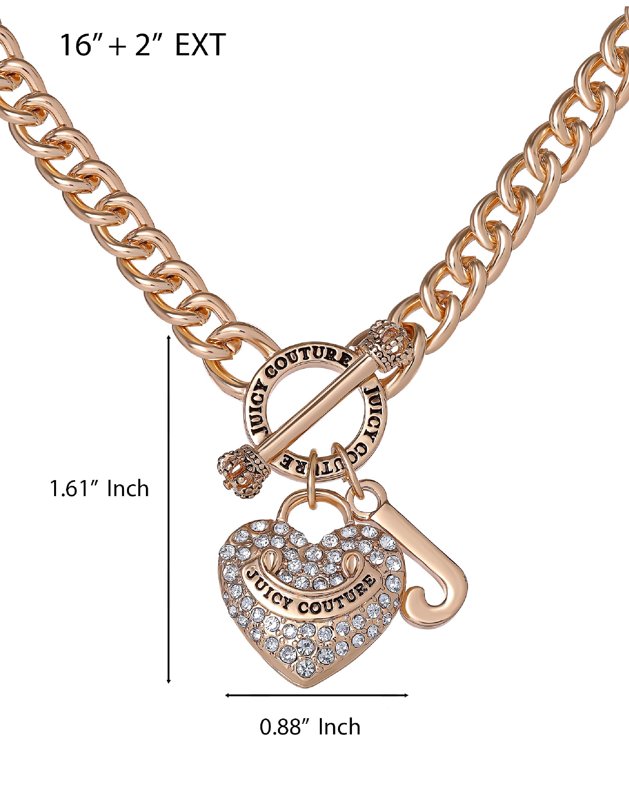 Juicy Couture Necklace Gold Tone 18"+2", Heart and Juicy Logo Charm Necklace for Women with Clear Stones