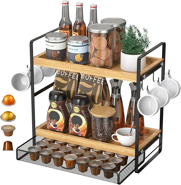 LEMIKKLE 2-Tier Coffee Station Organizer with Pod Holder and Drawer, Kitchen Countertop Organizer, Coffee Bar Accessories Station with Coffee Pod Storage, Coffee Organizer