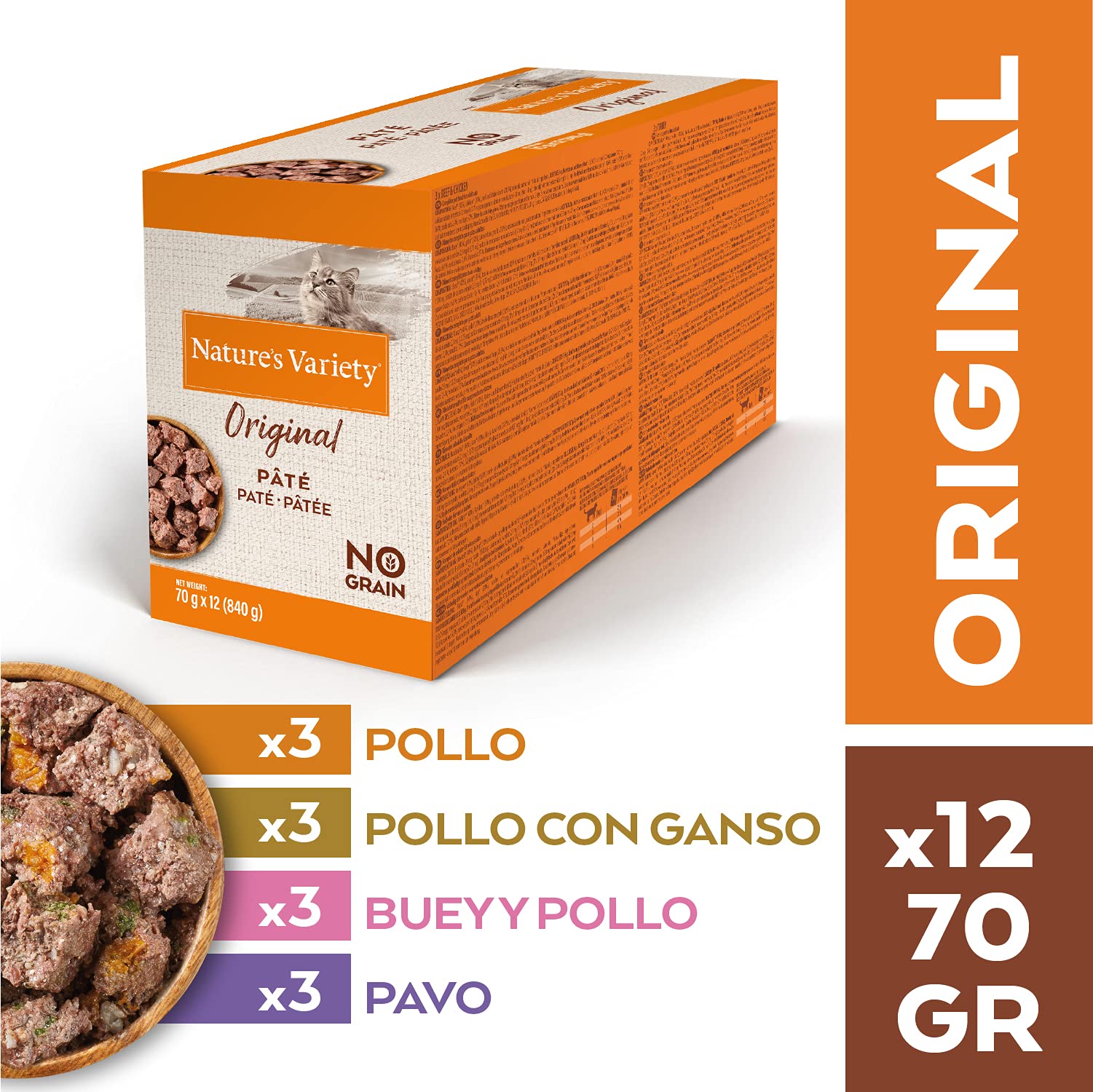 Nature's Variety Original No Grain - Multipack de patés para Gatos Adultos - 3 Multipacks de 12 x 70 g - Total 2,52 kg