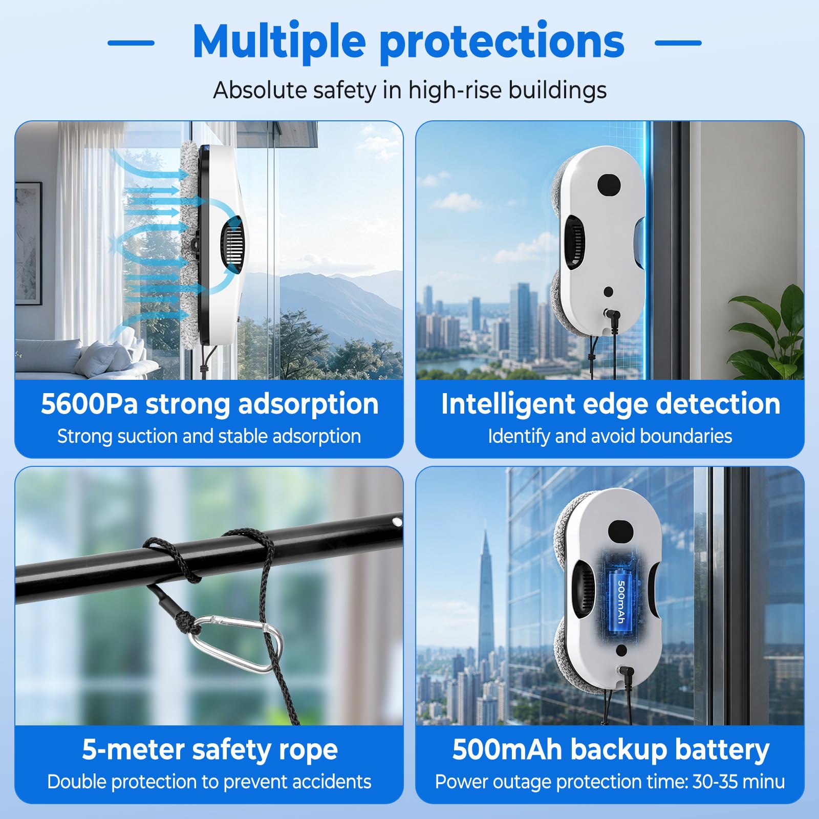 Robot Limpiacristales 5600Pa, Doble Pulverización de Agua Automática | Limpia Cristales Eléctrico Ventanas, Navegación Inteligente, Seguridad UPS, 8 Paños, Mando A Distancia, Para Cristales