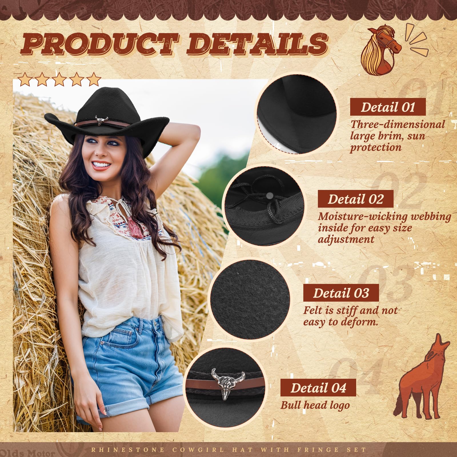 Set di 5 cappelli da cowgirl da donna, costume da cowgirl, set di accessori con cappello, collana, orecchini, cintura, bandana per Halloween, balli in maschera, cosplay, feste