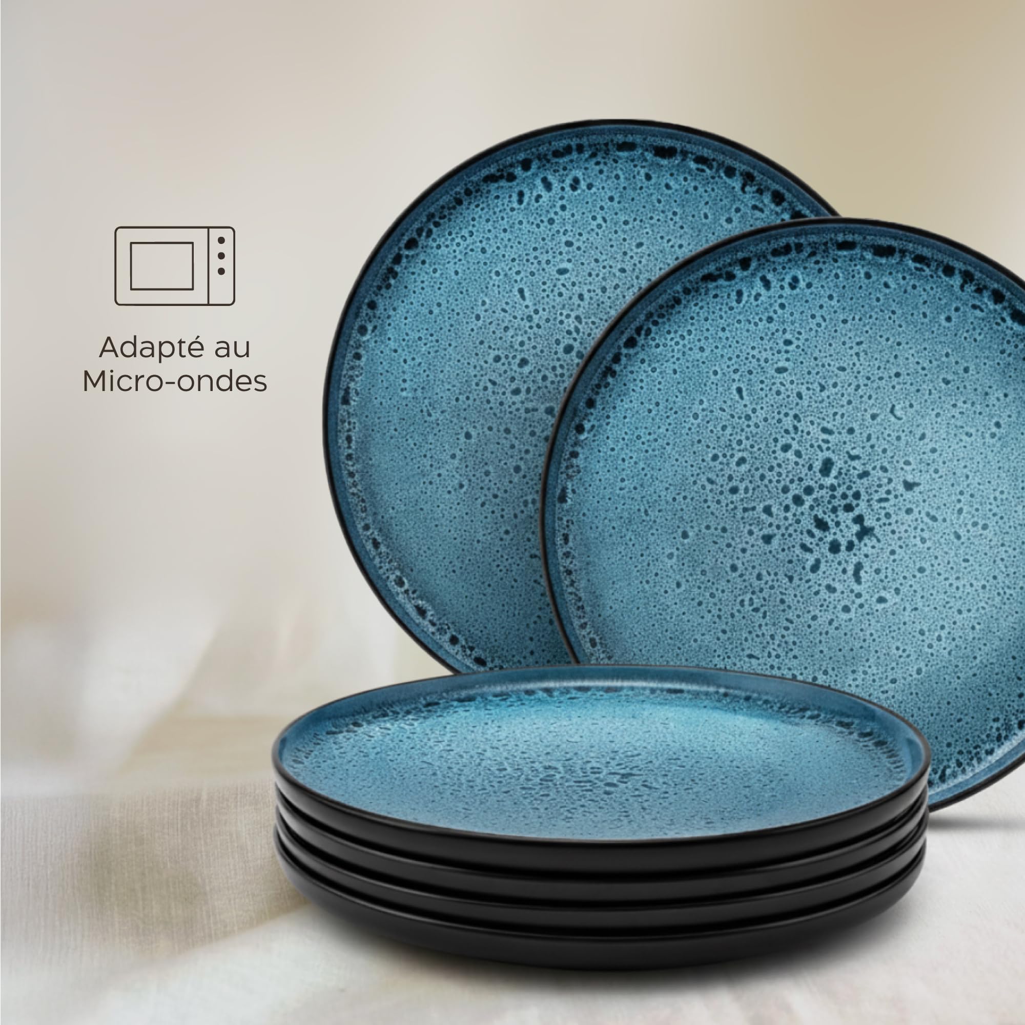 Twinzee 6 Grandes Assiette Azur - Compatible Micro-onde - Assiettes Service de Table Riviera Collection