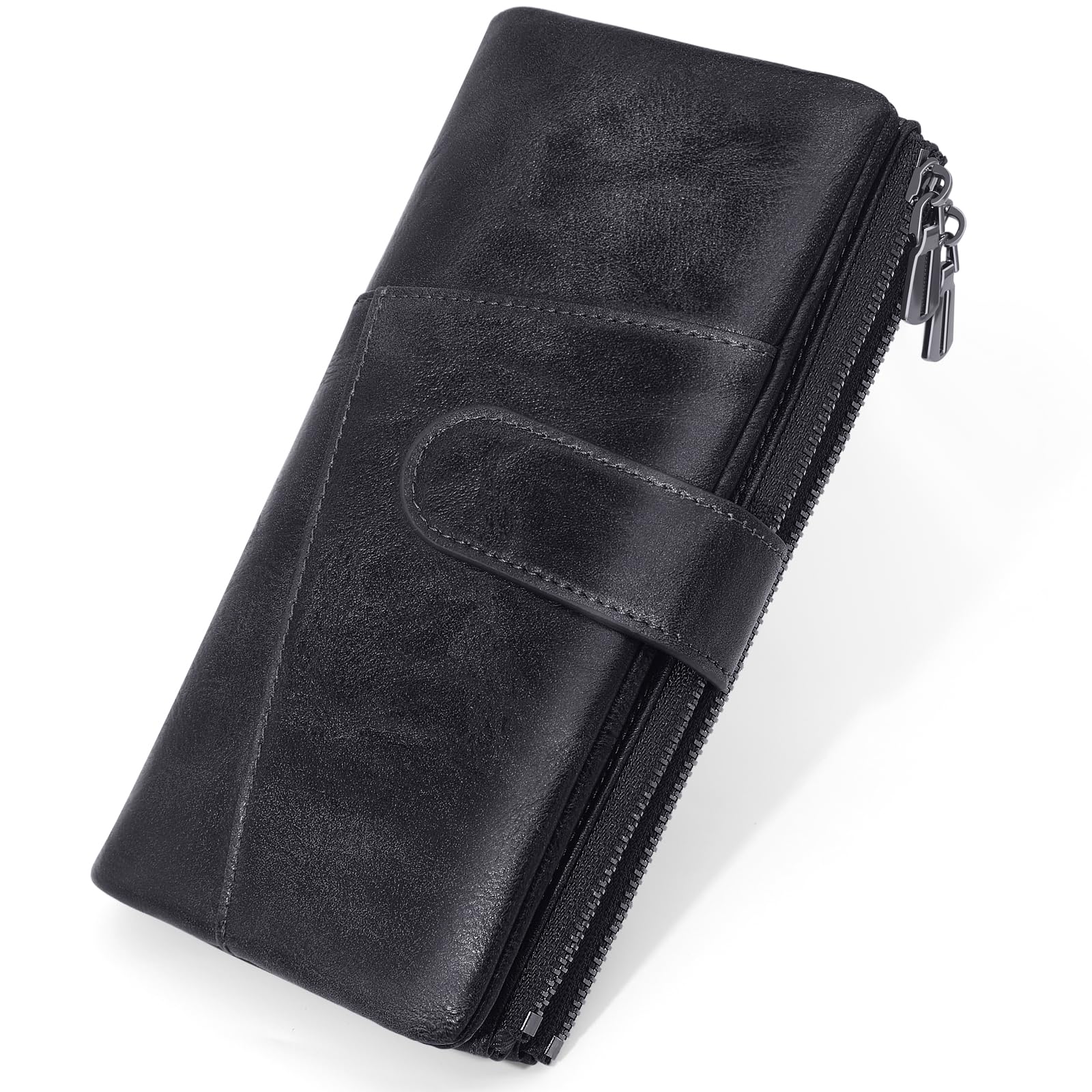 REETEE Carteras de Mujer Grande Cuero PU Monedero Muje Carteras Bloqueo RFID Largo Billetera 2 Grand Bolsillo con Cremallera para Monedas con 23 Ranuras Tarjetas (Negro)