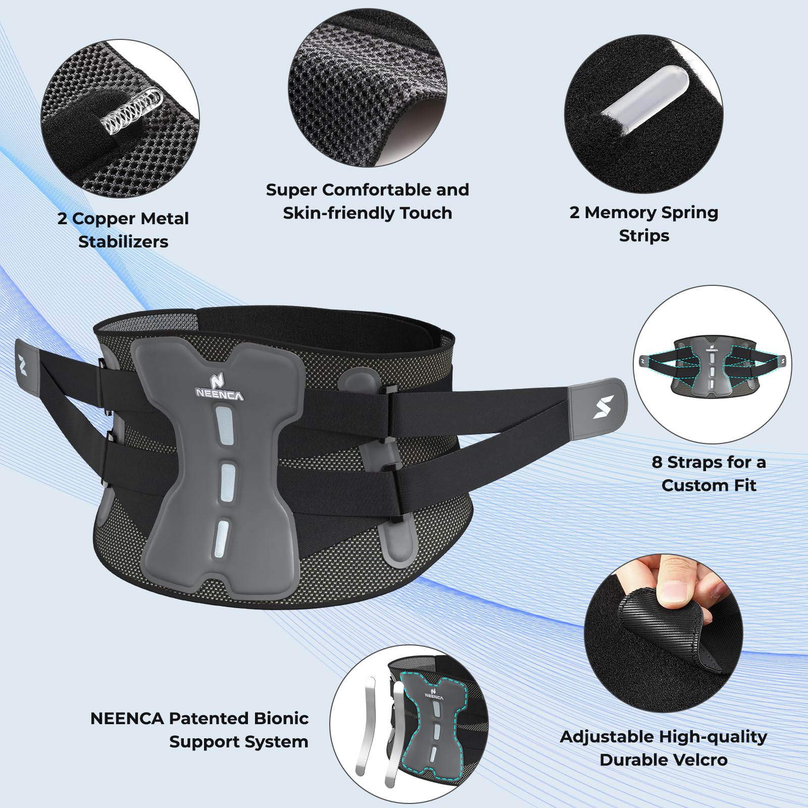 NEENCA Ceinture lombaire pour soulager les douleurs du bas du dos avec système de soutien bionique, ceinture de soutien lombaire réglable pour hommes et femmes avec coussin lombaire, maille douce.