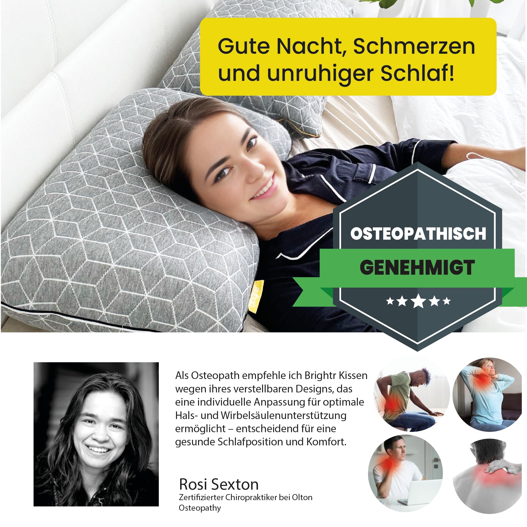 Brightr® "Eclipse 2er-Set Memory Foam Kopfkissen gegen Nacken- und Schulterschmerzen | Höhenverstellbares Kopfkissen für Seitenschläfer | 43x63cm | Von Osteopathen empfohlen | Hautkühlend | Sehr FES