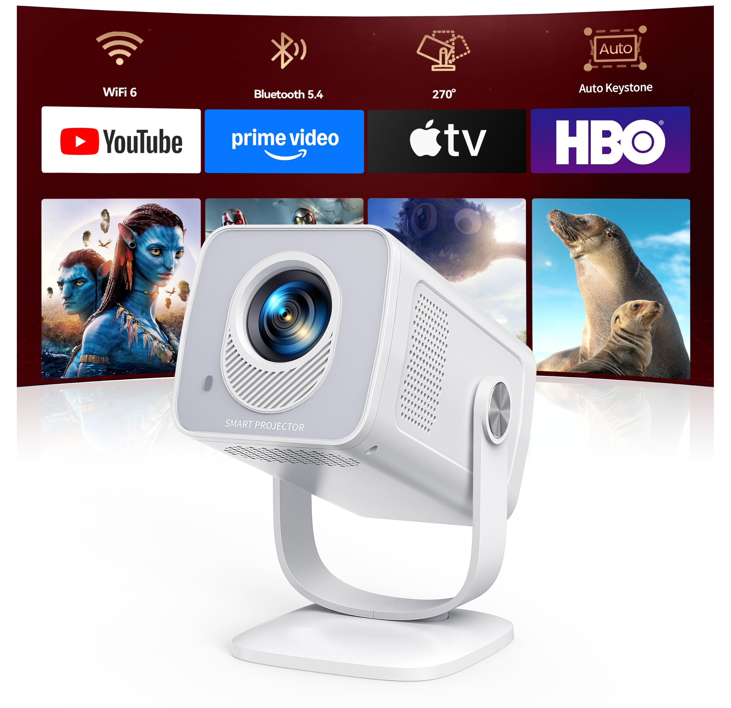 Mini Beamer 4K Unterstützt [Android 14 & App Steuerung] WiFi 6 BT 5.4 | 270° Dreh Smart Beamer Klein mit Auto Trapezkorrektur, Tragbarer Projektor für Heimkino/Schlafzimmer/HDMI/Handy/PC/USB