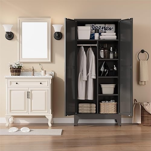 Miniatura 5 de Armario de metal guardarropa con barra para colgar, gabinete de armario de metal de 71'' con 2 puertas y 4 estantes ajustables, armarios de