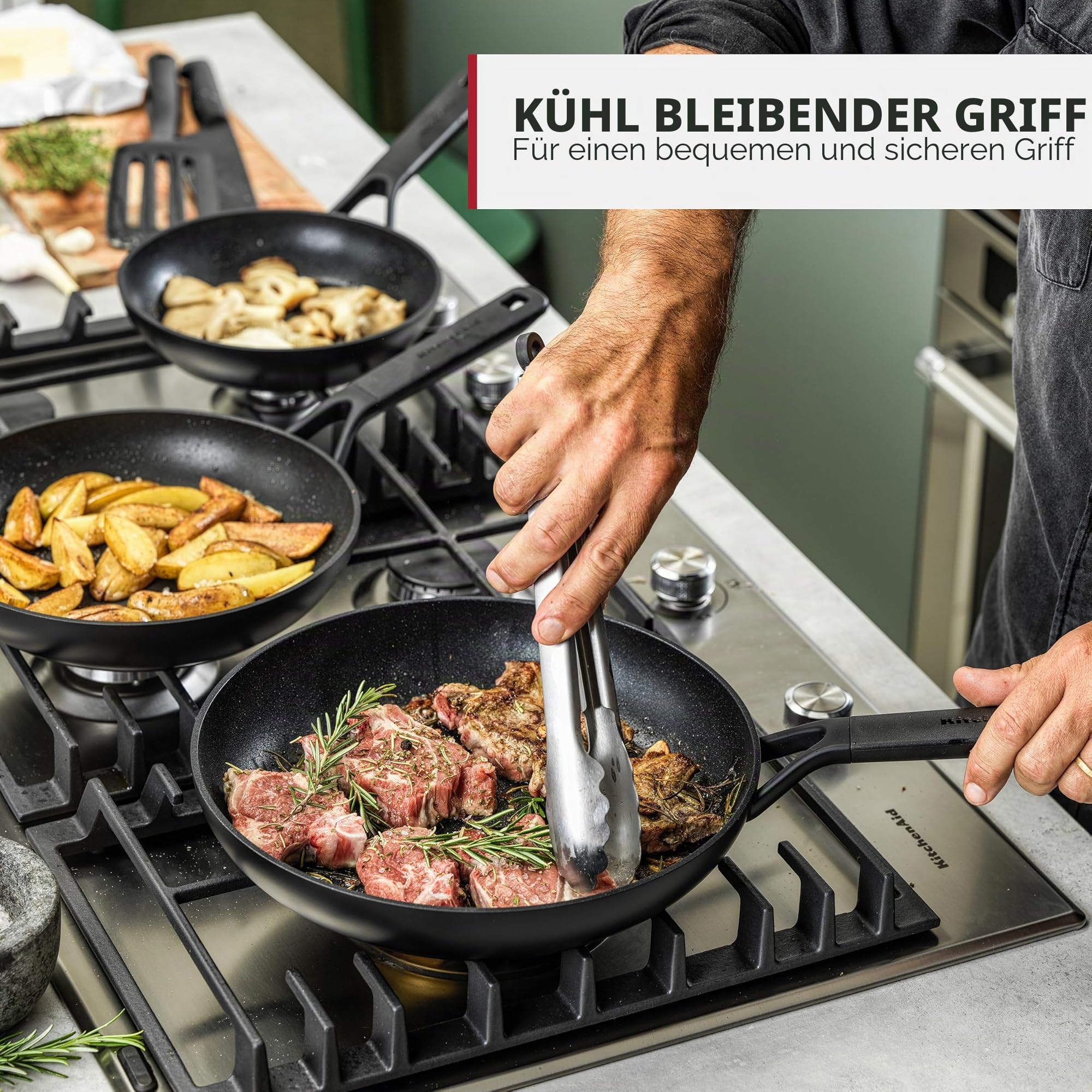KitchenAid Pfannenset induktion I Classic Frying Pan Set I Pfannen-Set 20/24/28 cm I Hart Anodisiert, PFAS-freie Gesunde Keramische Antihaftbeschichtung, Ofen- und Spülmaschinenfest I Schwarz