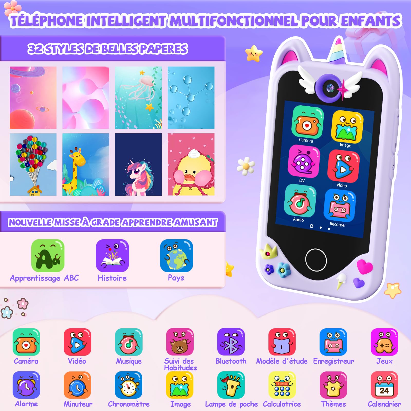 Telephone Portable Enfant Jouet - Téléphone pour Enfant avec écran Tactile, Caméras, Apprentissage Jouet, Jeux avec , Carte SD de 32 Go, Cadeau d'anniversaire pour Les Filles de 3, 4, 5 et 6 Ans