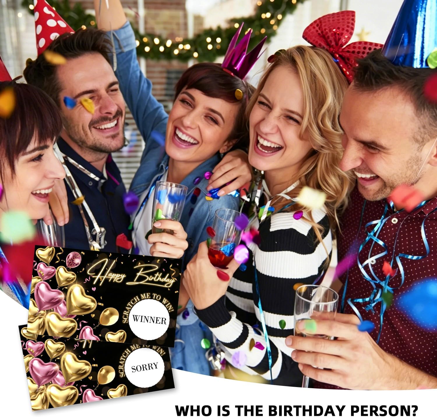 Black Gold Happy Birthday Day Funny Party Game Scratch Off Cards 32Pcs, Pink and Gold Glitter Heart-Shaped Balloon Holiday Event Raffle Tickets, Bridal Shower Bachelor Game, Group Game Raffle Tickets