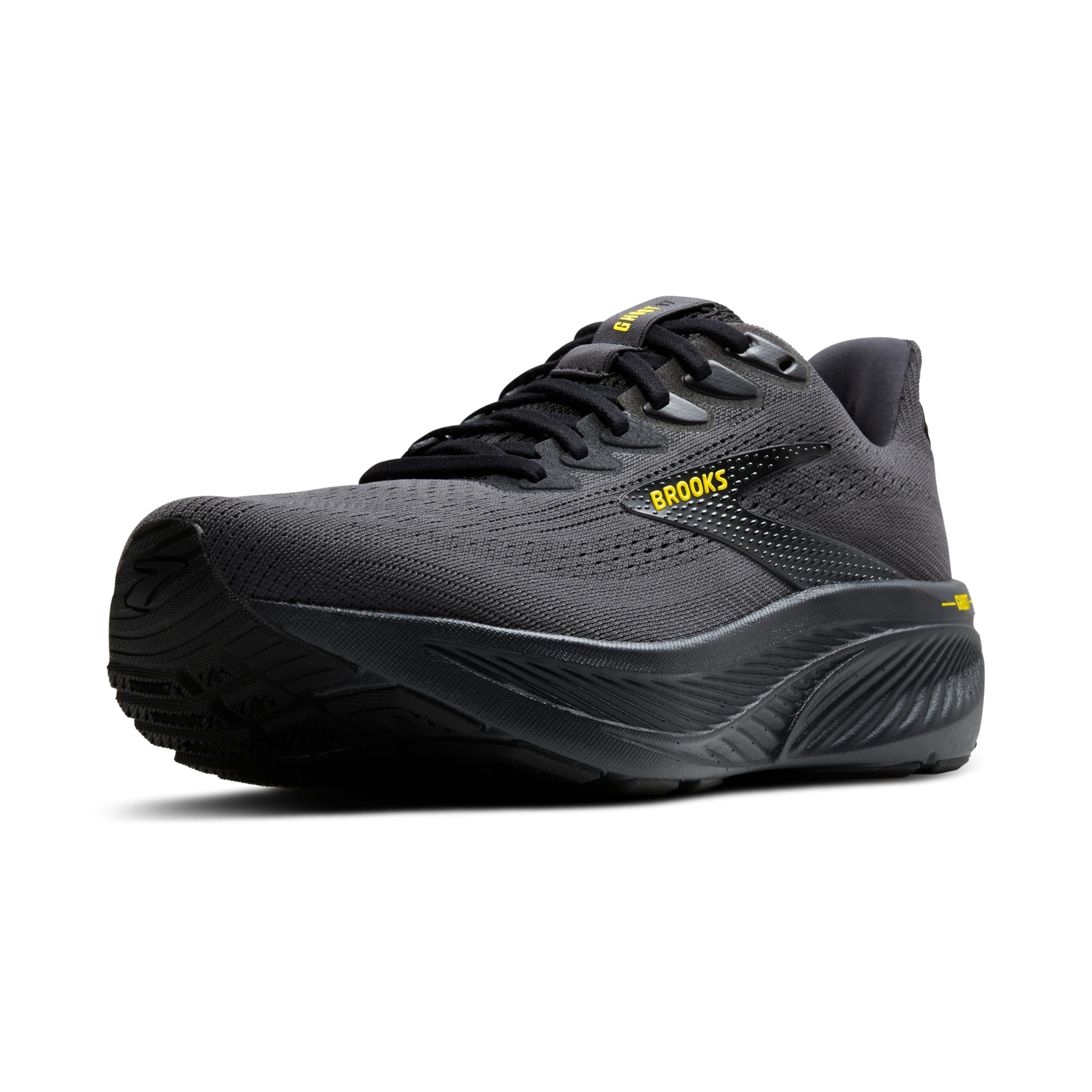 Brooks Men’s Ghost 17 Neutral Running Shoe, Ebony/Black/Yellow, 12.5 Wide