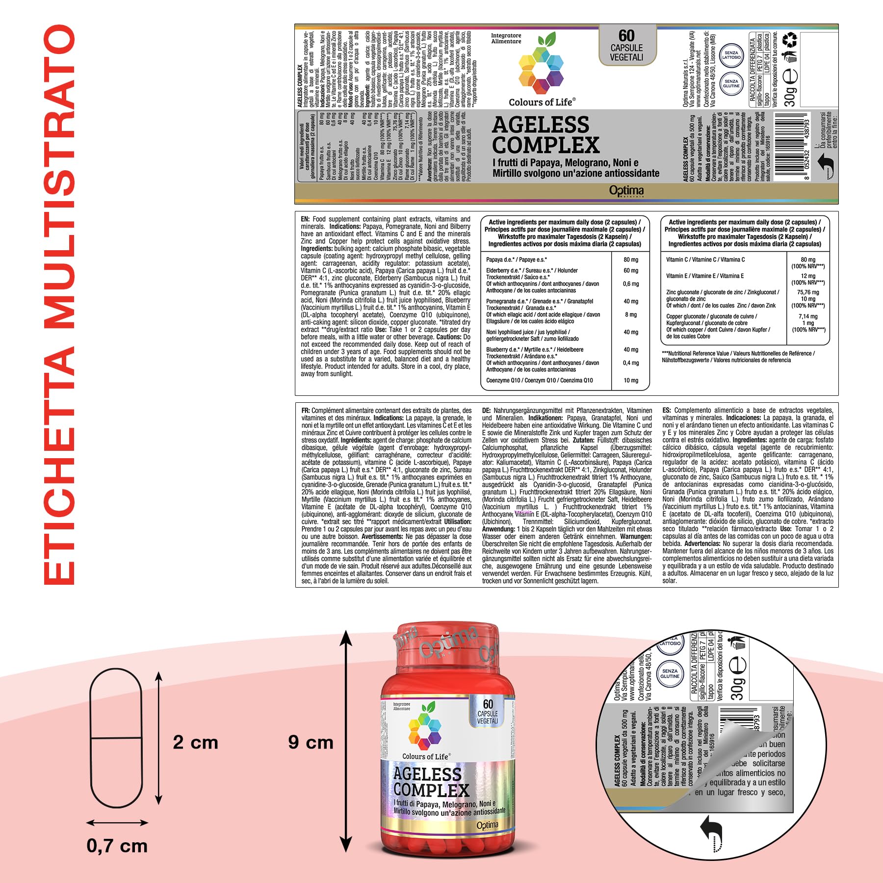 Ageless Complex - integratore alimentare con Papaya, Melograno, Noni, Mirtillo e Sambuco, protegge le cellule dallo stress ossidativo, antiossidante, 60 capsule Colours Of Life