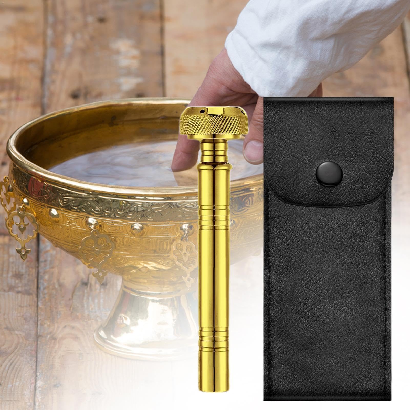 Aspersor de, rociador religioso portátil, dispensador de con bolsa de almacenamiento, herramienta Aspergillum para rituales religiosos