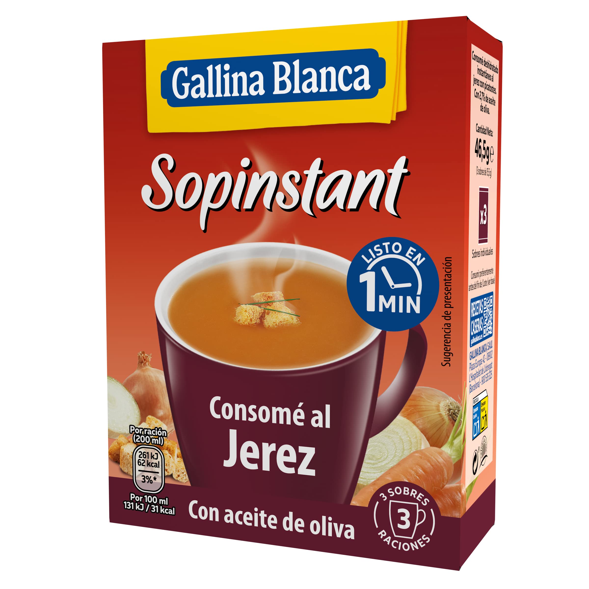 Gallina Blanca - Sopinstant - Consomé al jerez con picatostes - 3 x 15.5 g