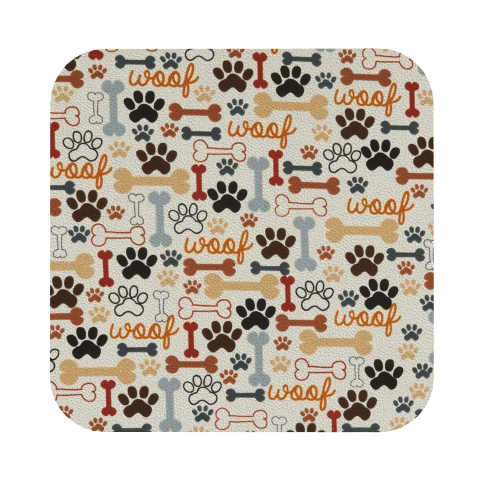 Dog Bones Paw Prints PU Leather Coasters Set of 6 Square Drink Coasters