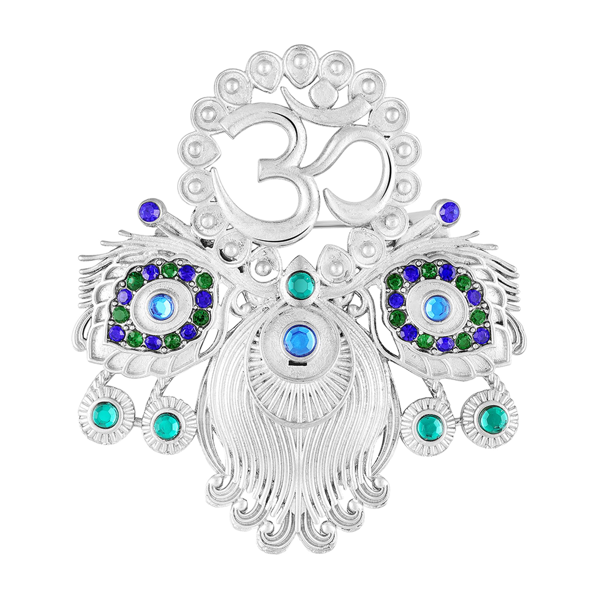 Om & Peacock-Feather-Shaped Rhodium Plated Crystal Studded Brooch Pin for Men (BP1101238R)-image-30