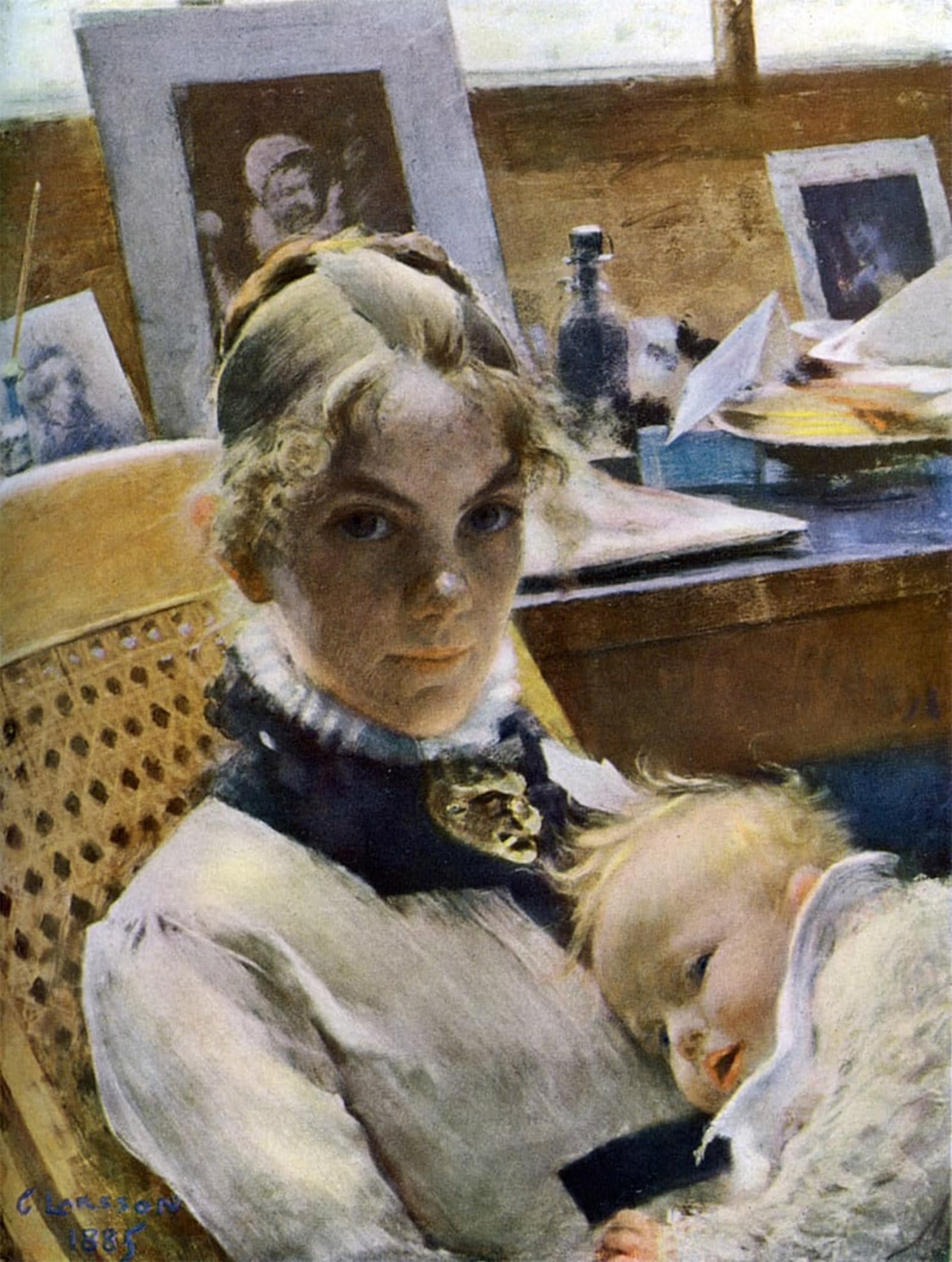 Serendipitp No Frame Vintage Wall Art Canvas Nordic Poster Canvas Print Picture A Studio Idyll: The Artists Wife And Their Daughter Suzanne By Carl Larsson Wall Art Poster For Home Decor 60X90cm