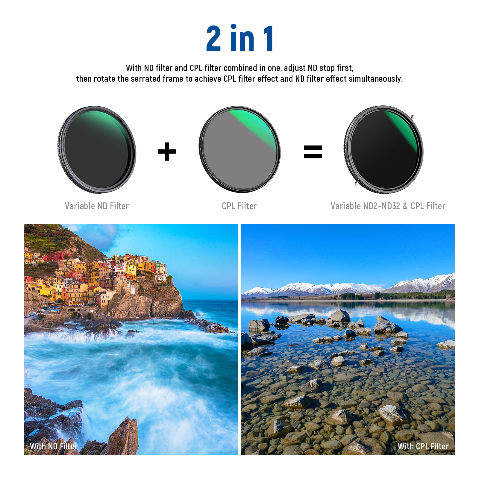 NEEWER 2 in 1 Filtro ND Variabile 58mm ND2-ND32 e CPL(Polarizzatore), senza X/Vetro Ottico HD/multistrato/ultra sottile/idrorepellente/resistente ai graffi