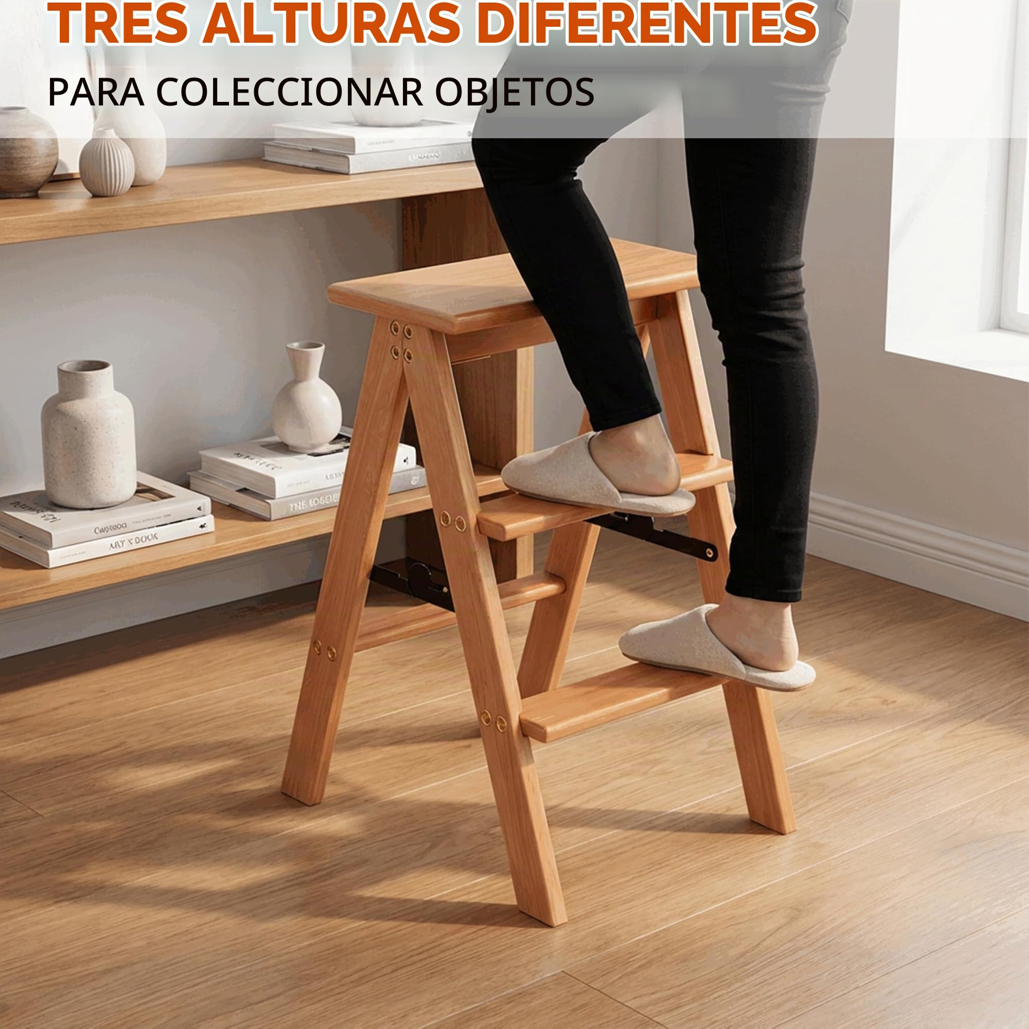 Escalera de 3 peldaños, Taburete Plegable de Madera, Silla Plegable, Antideslizante, portátil y Resistente para el hogar, la Cocina y la Oficina (Ewq3)