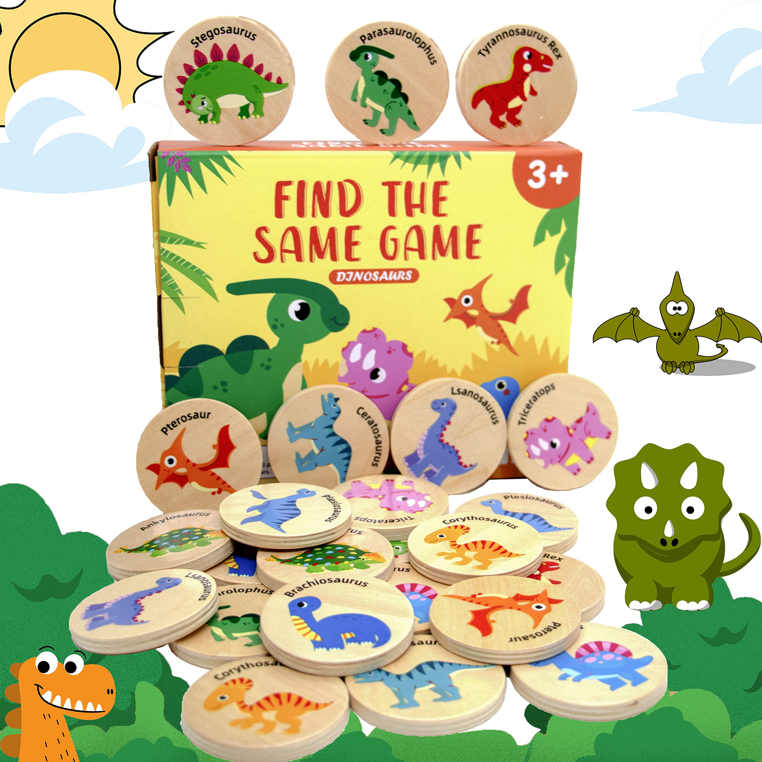 Wooden Memory Matching Toy Game 24 PCS Preschool Toddlers Educational Wooden Coins Match Board Game for Pre-Kindergarten Kids Early Learning Development Girls and Boys – Dinosaur