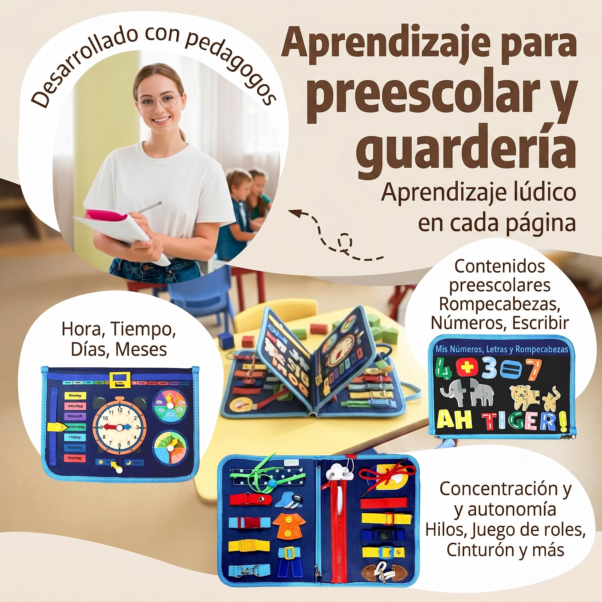 Mallie® Montessori Busy Board en Español para 1 2 3 años con Juego de rol y Marionetas – Busy Board, Libro Montessori 1 Año, Busy Book, Libro Sensorial Bebe 1 Año, Libro Montessori 2 Años