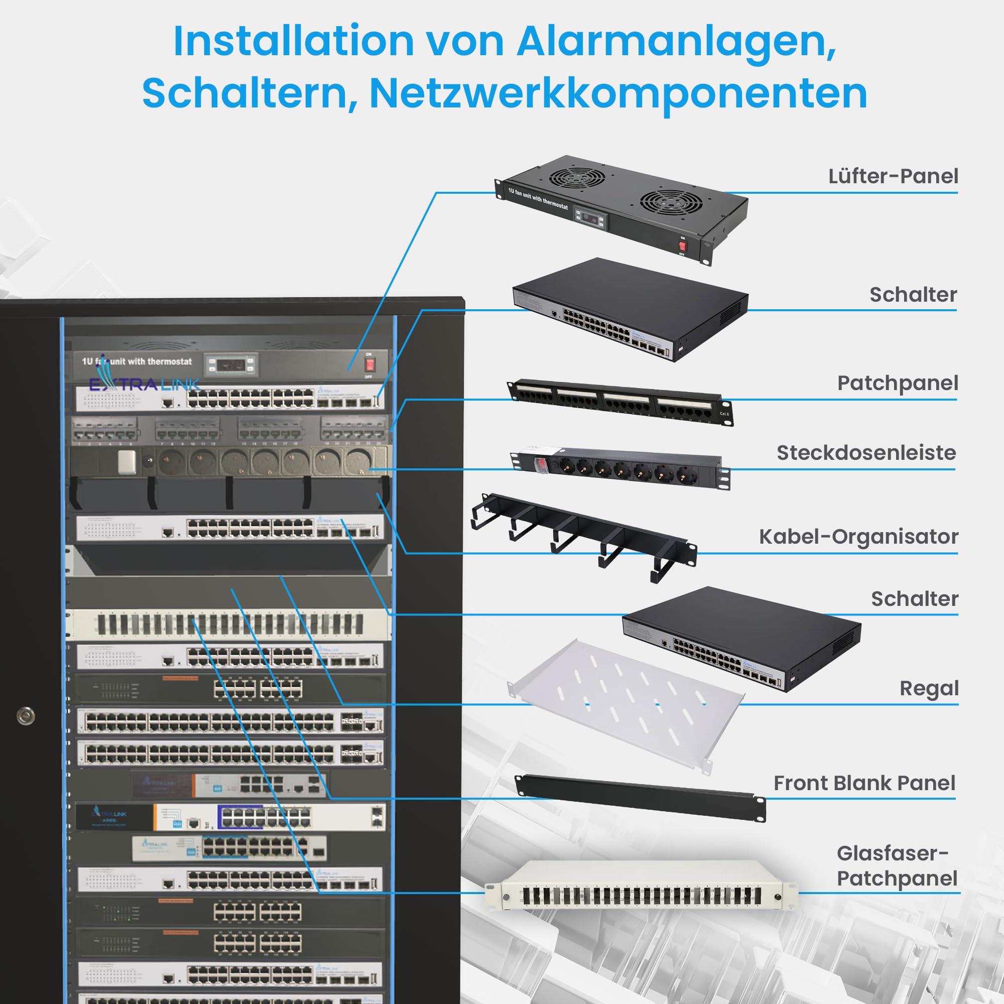 Extralink Baie de Brassage Rack 19 Pouces 27U 600x1000 – Autoportante, Panneaux Latéraux Amovibles, Verre Trempé – à Monter Soi-Même – pour Commutateurs, Onduleurs et Serveurs – Noire