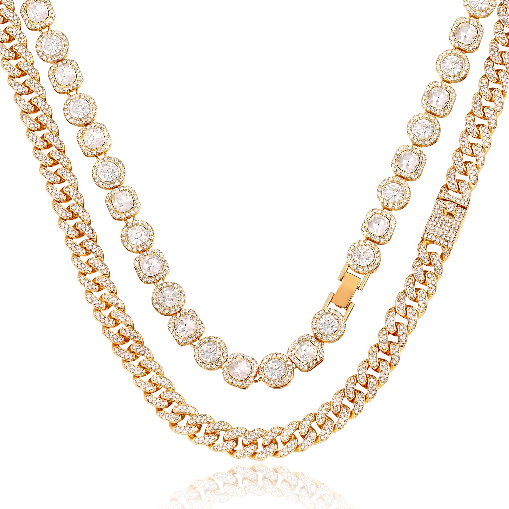 shopbyskylershopbyskyler Women's 18+20'' Zinc Necklace, Clustered Diamond Tennis Chain & Heart Necklace Set, Hip Hop Jewelry, Gold, Cuban Link, for Female, Gifts