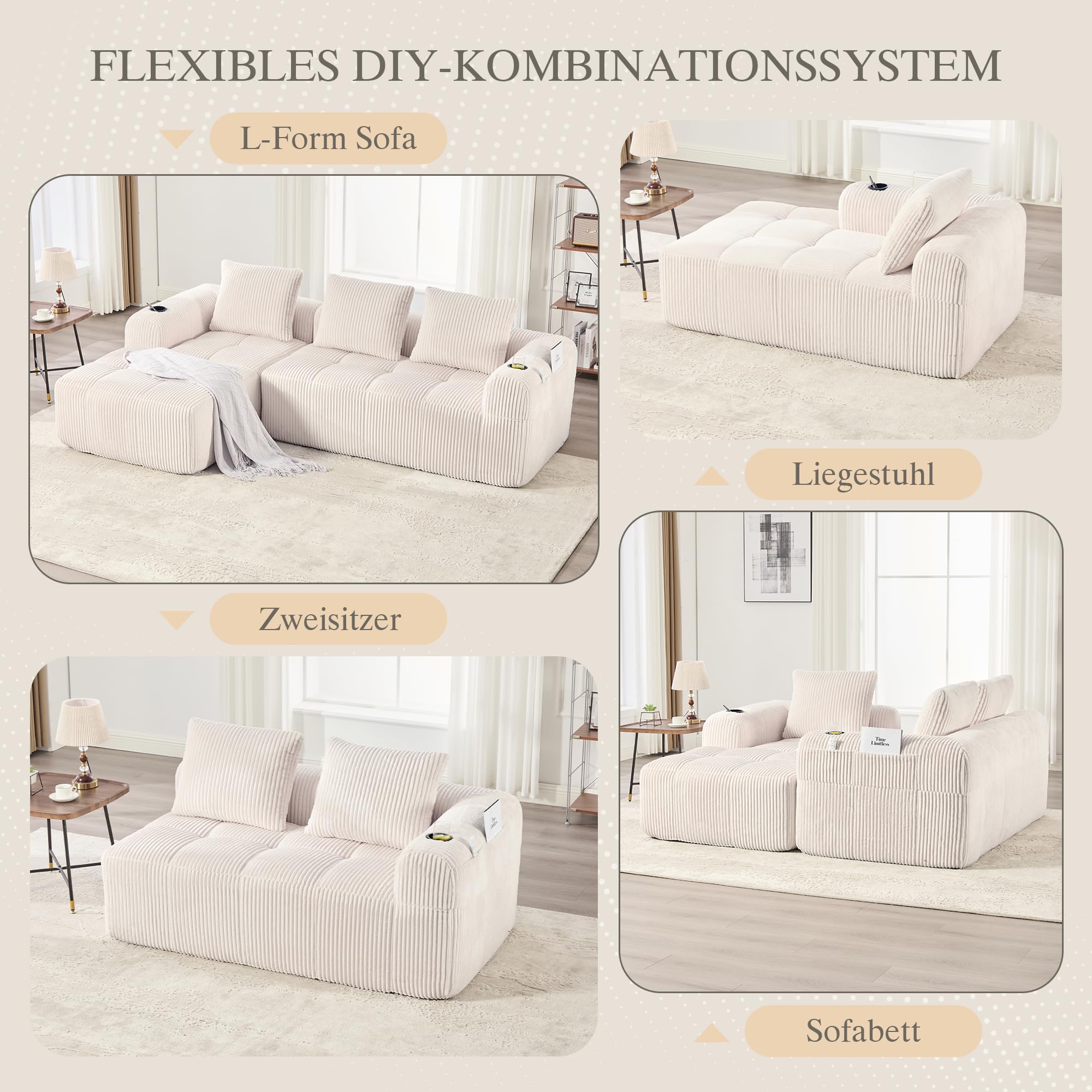 Canapé d'angle convertible, 253 cm, canapé compressé 3 places avec porte-gobelets et poches latérales, canapé modulable en velours côtelé avec méridienne en L pour salon - Aucun montage requis