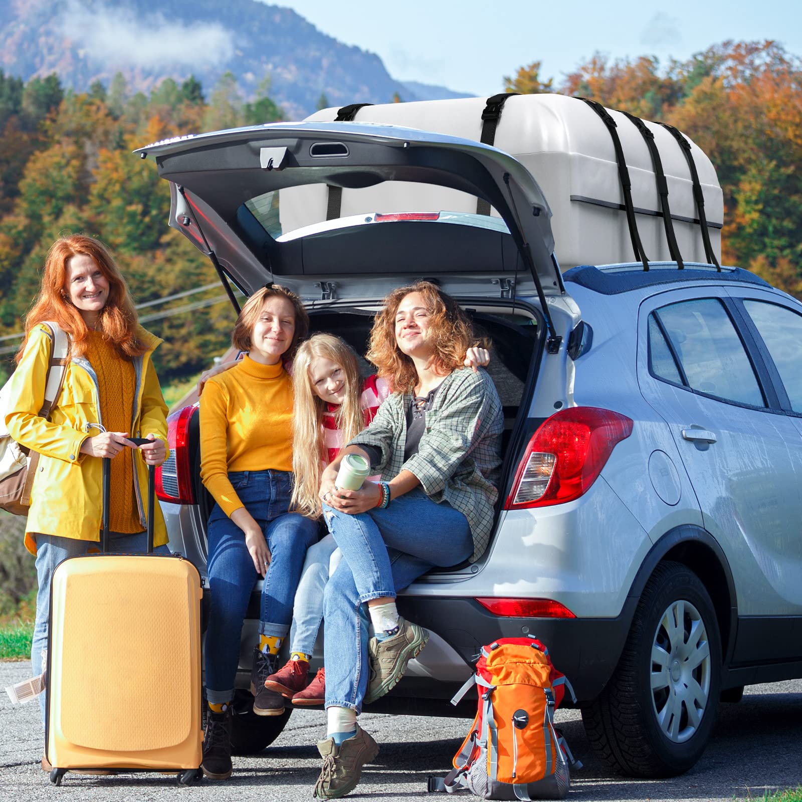 Asinking Car Rooftop Cargo Carrier Bag, Tear/Leak-Resistant 21 Cubic Feet Car Top Carrier for All Vehicles, White Soft-Shell Foldable Roof Luggage Bag with Non-Slip Mat, 6 Door Hooks, Lock