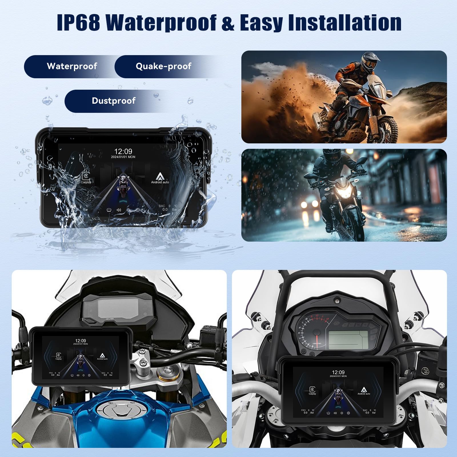 GPS Carplay Moto Dashcam Portable für Carplay Wireless Android Auto, 5-Zoll-Touchscreen, GPS Dashcam Moto mit GPS-Navigation, Siri, G-oogle Assistant, Bluetooth, IP68 wasserdicht