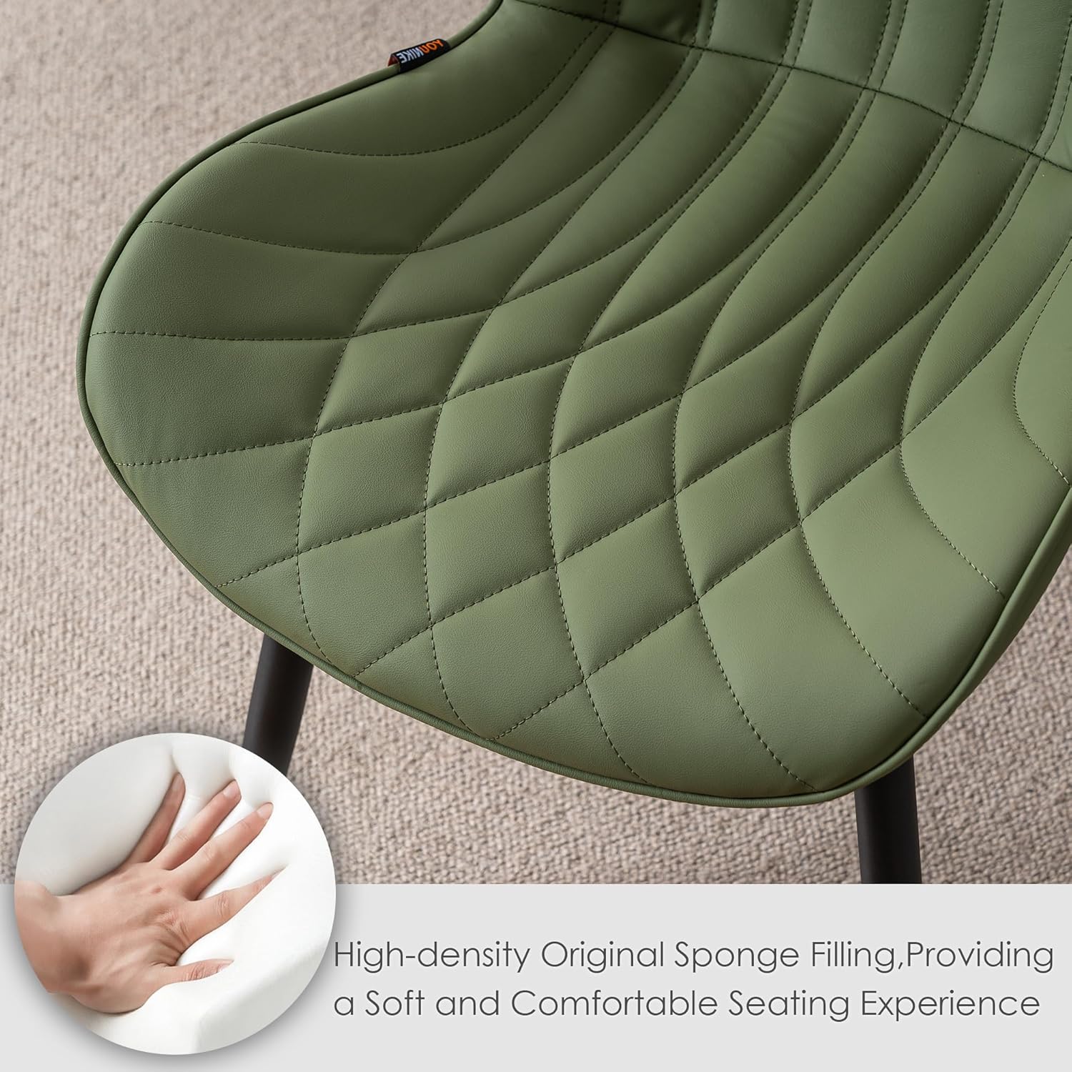 Kidol & Shellder Dining Chairs Set of 2 PU Leather Upholstered Kitchen Chairs Thick Cushions Diamond Stitching & Black Metal Legs for Dining Room Living Room Lounge Bean Green