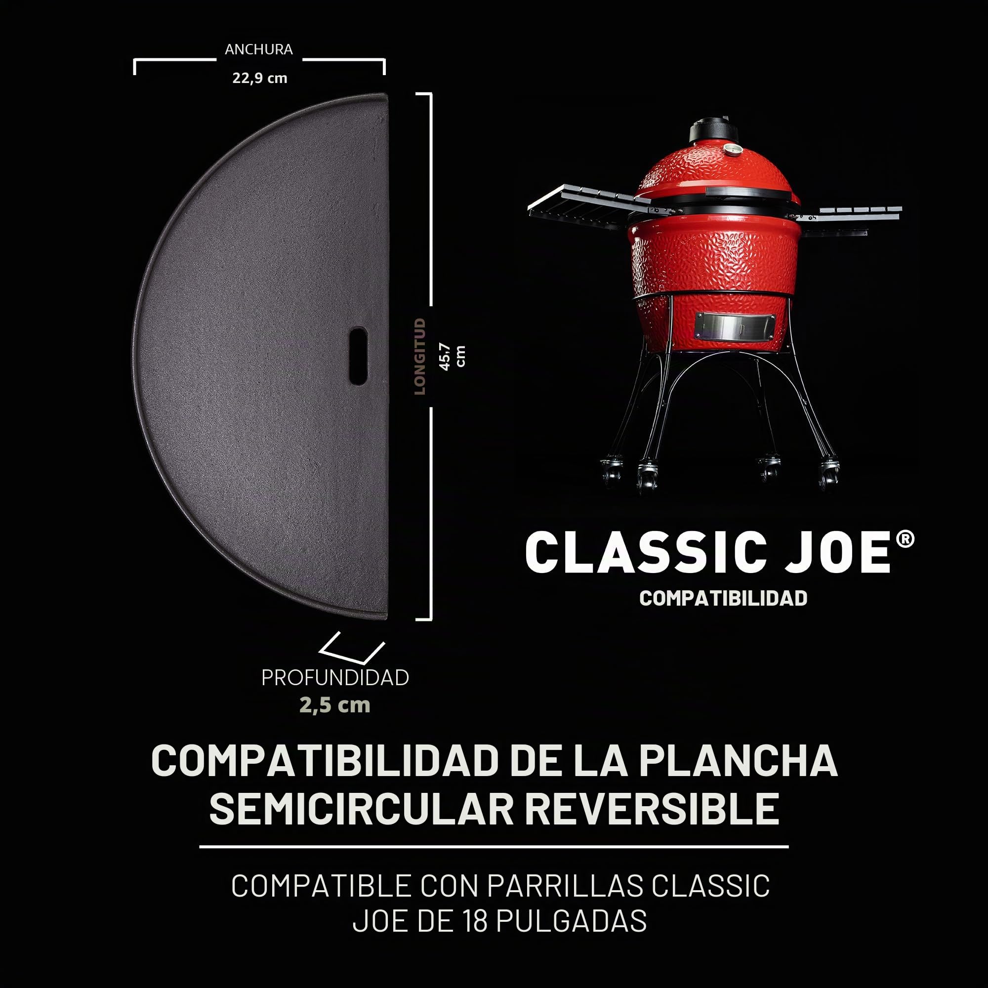 Kamado Joe Plancha Reversible de Hierro Fundido Classic Joe Half Moon Accesorios para Parrillas de carbón, Black