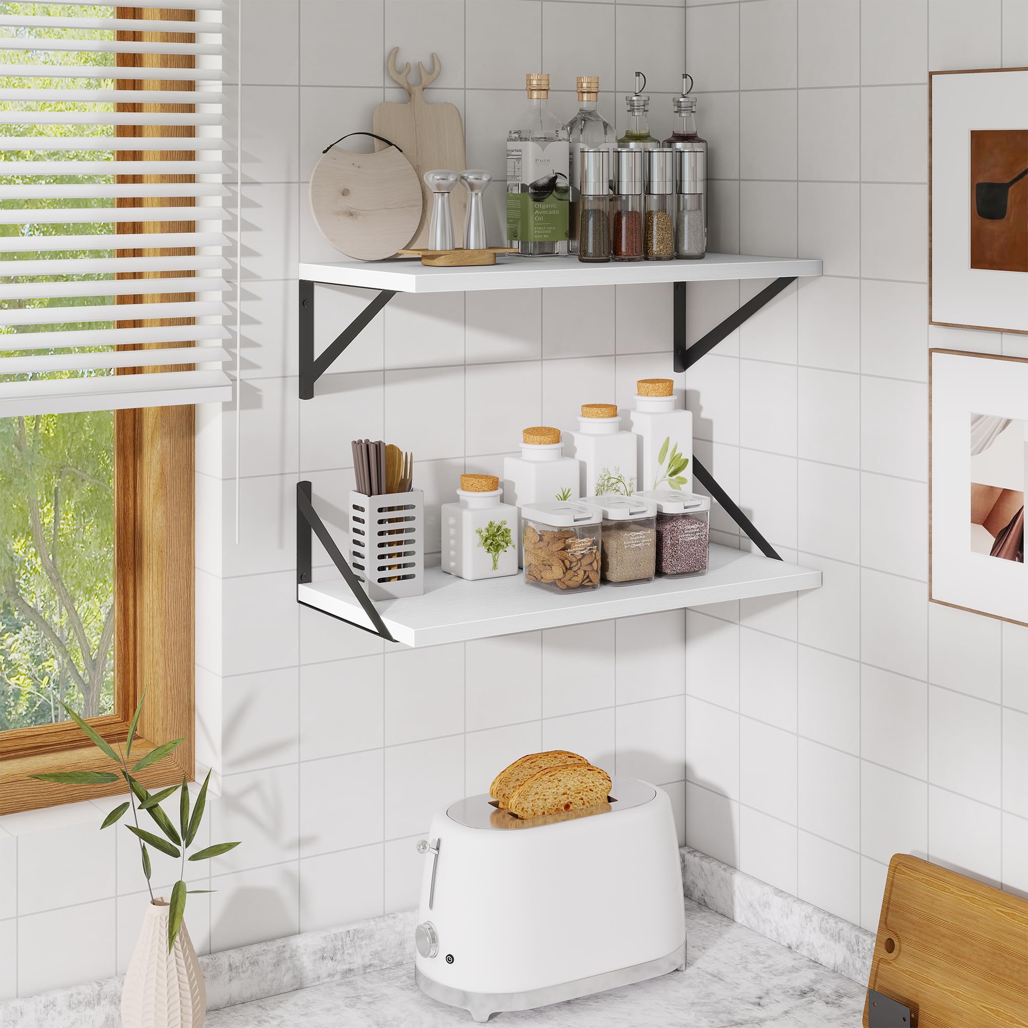 Acovy Wandregale, 2er-Set, 60 cm breit, 25 cm tief, rustikale und robuste Wandregale für Küche, Büro, Bad, Schlafzimmer, Wohnzimmer, Waschküche, Weiß