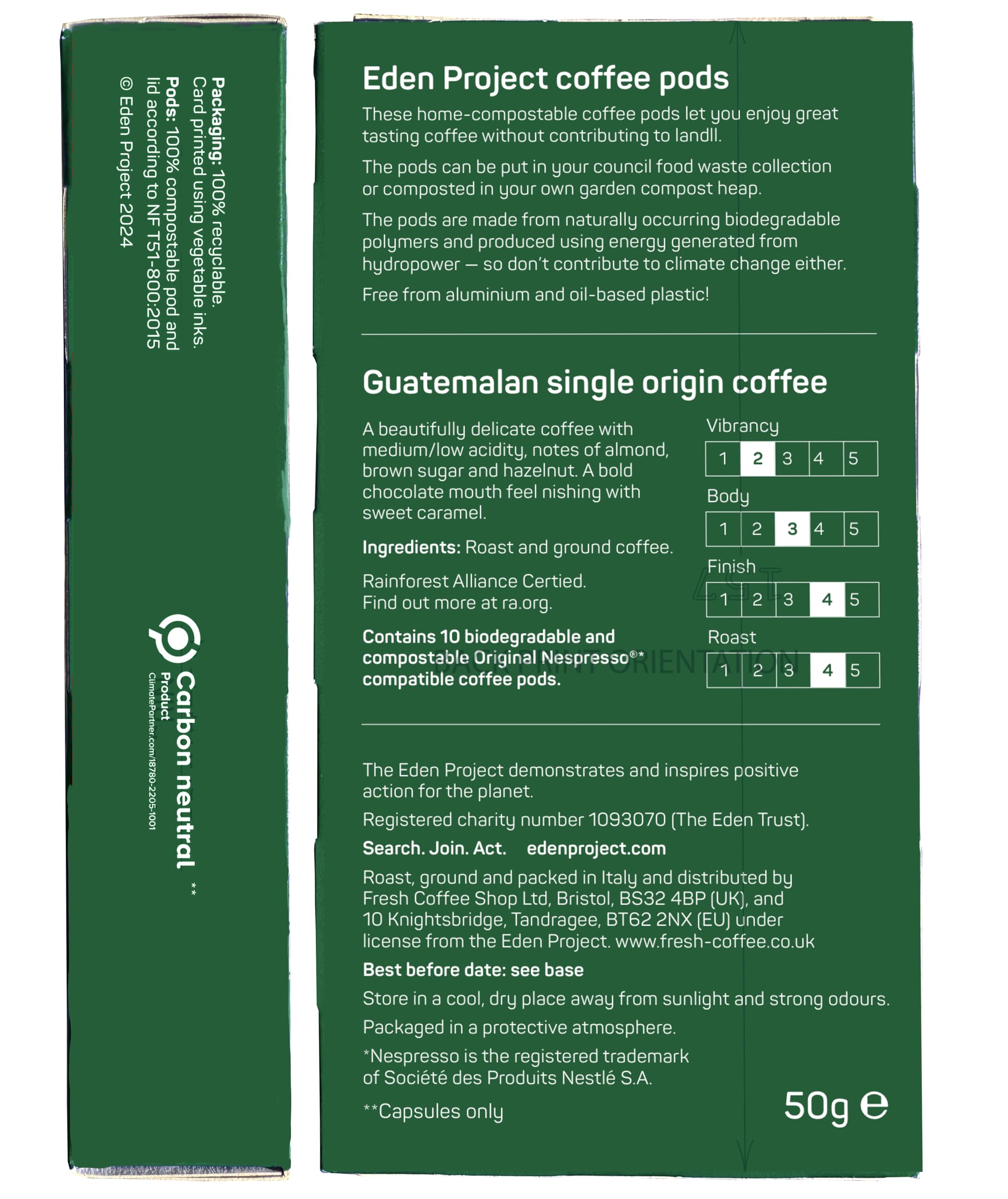 THE EDEN PROJECT Cápsulas de café compatibles con Nespresso, sin plástico, compostables, biodegradables, neutrales, 60 cápsulas, 6 paquetes de 10 unidades