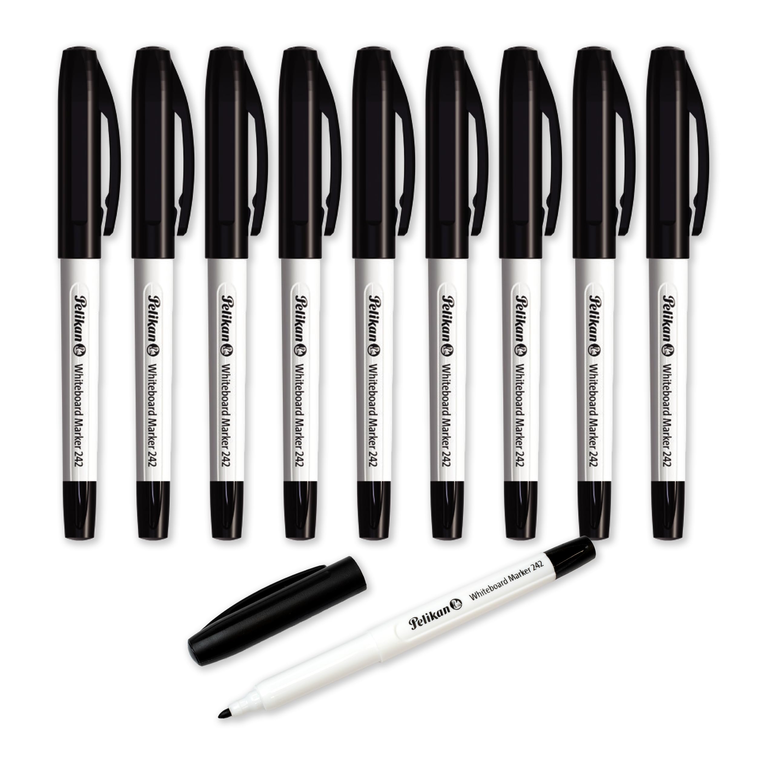 Pelikan Whiteboard Marker Pens 242, Black, Fine 1 mm Tip, Dry Erase Markers with Cap-Off Ink, Pack of 10