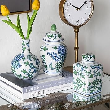 Set of 3 Decorative Porcelain Home Accents with Blue and Green Cherry Blossom Motif, Includes Traditional Ginger Jar, Flower Vase, and Lidded Jar 6-8" Tall