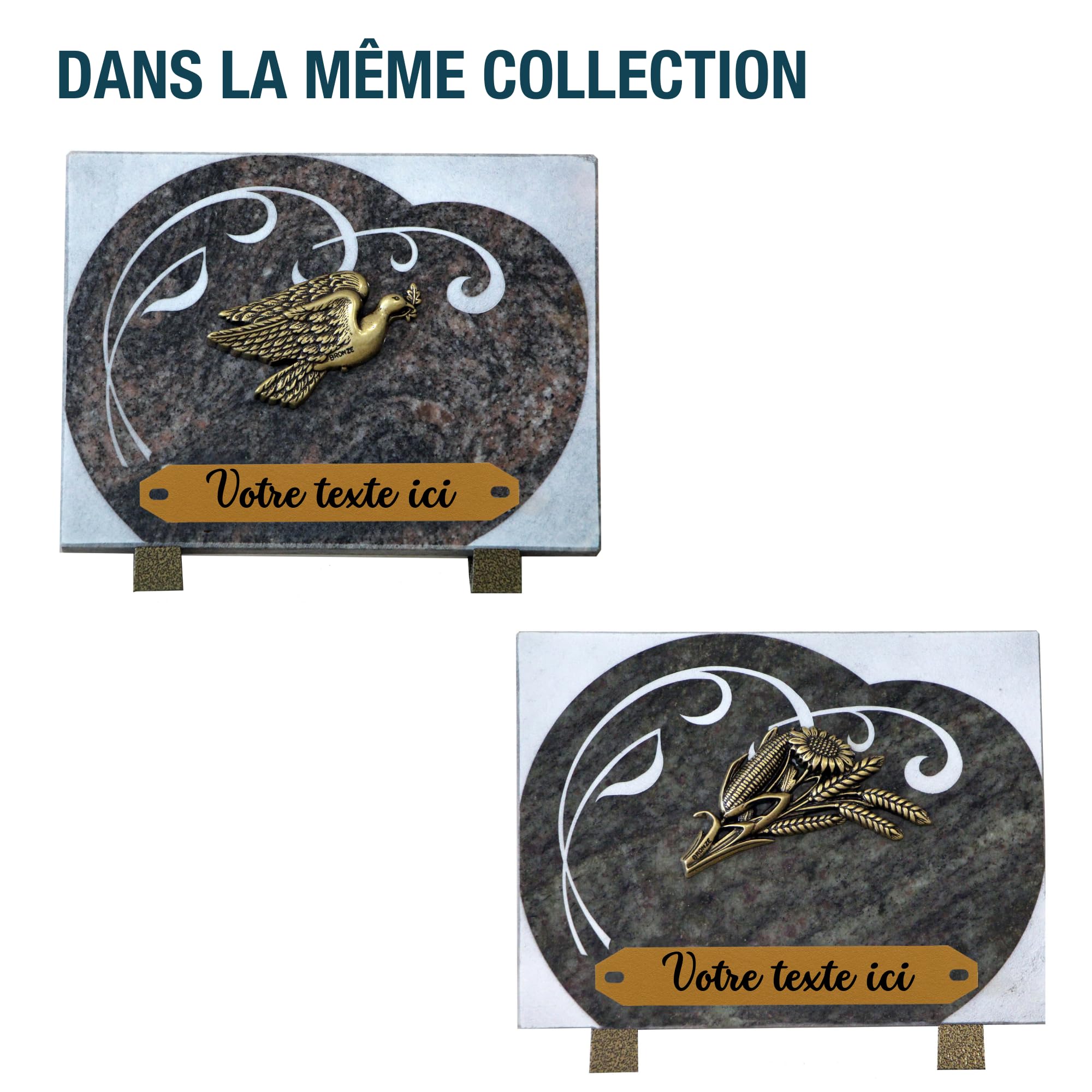 Plaque Funéraire Personnalisée Granit 15x20 Cm – Coucher De Soleil, Cœur Bronze – 2 Textes, Fabriquée En France