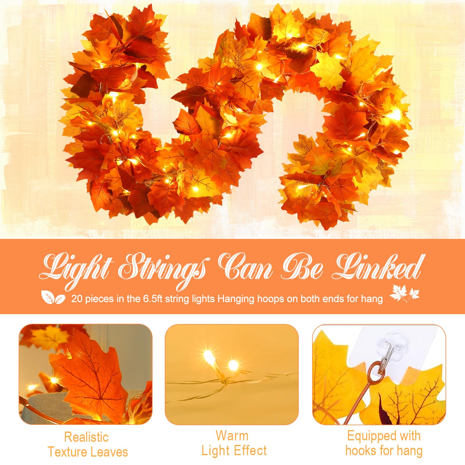 Joyhalo Paquete de 6 guirnaldas de otoño con luces, hojas artificiales de otoño, decoración de otoño con cadena de luces LED de 6.5 pies, hojas de arce colgantes para mantel, marco de puerta, chimenea
