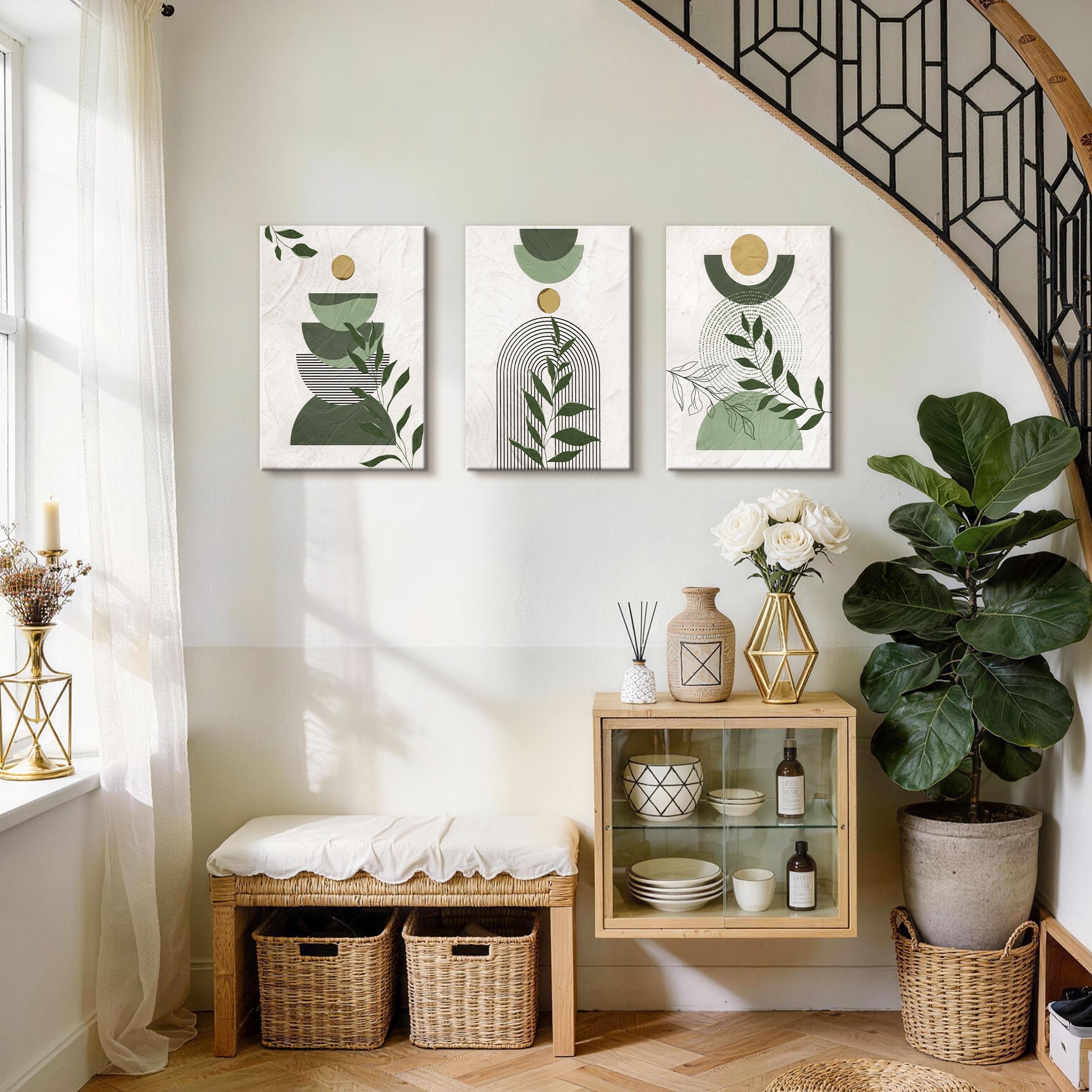 3 Pcs Wooden Framed Canvas Wall Art Set Bohemian Sage Green Canvas Prints Poster Geometric Line Beige Green Pictures for Living Room Bedroom Dinning Room Hallway Stairs Wall Decor 30x40cm x3pcs — view 346