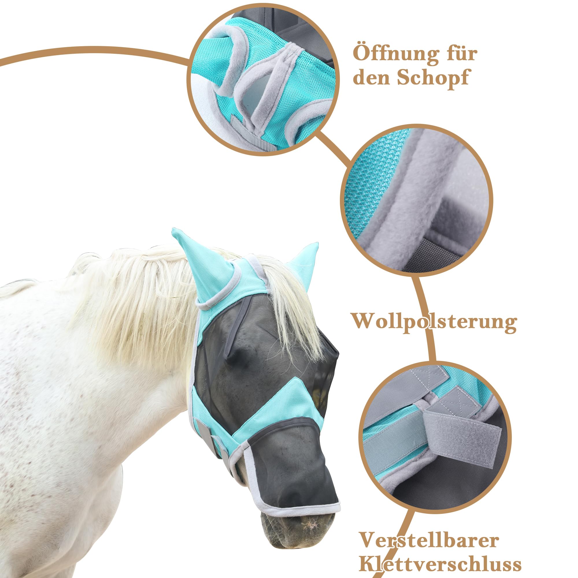 Fliegenmaske Pferd mit Nasen- & Ohrenschutz, UV-Schutz, Atmungsaktives Mesh, Reißfest, Weich Gepolstert, Verstellbar mit Klettverschluss Hellgrün Pony
