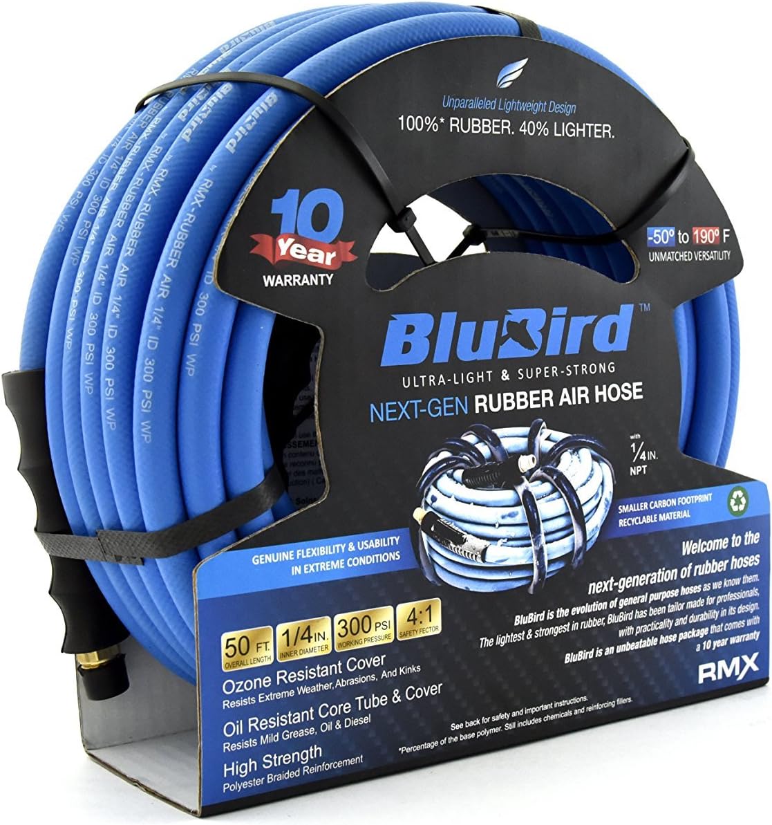 BLUBIRD BB1450 1/4" x 50' Rubber Air Hose, 100% Rubber, Lightest, Strongest, Most Flexible, 300 PSI, 50F to 190F Degrees, Ozone Resistant, High Strength Polyester Braided