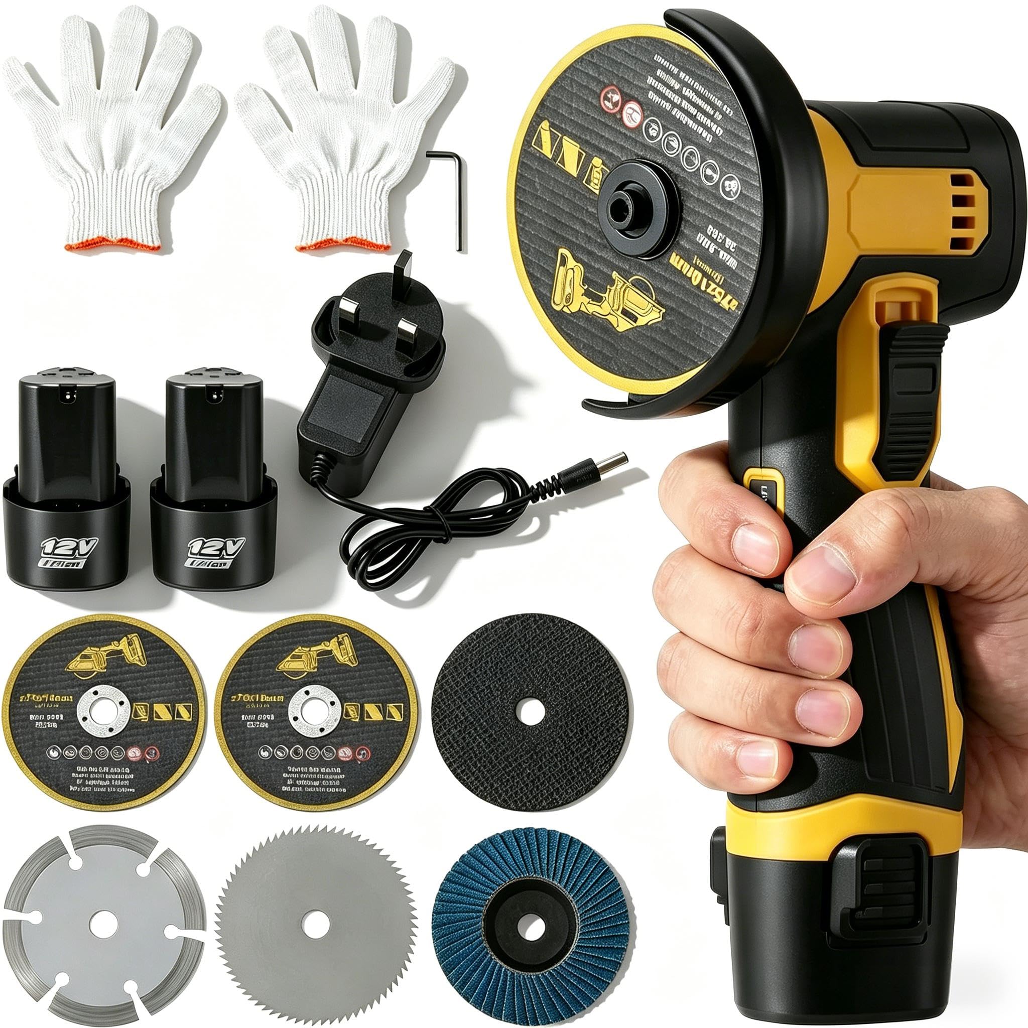 12V Mini Angle Grinder Cordless, Mini Angle Grinder Tool with 6 Cutting Discs, 2pcs Batteries, 3 in Grinding Disc, 19500 RPM, Cordless Angle Grinder Tool Kit for Cutting Polishing and Sharpening