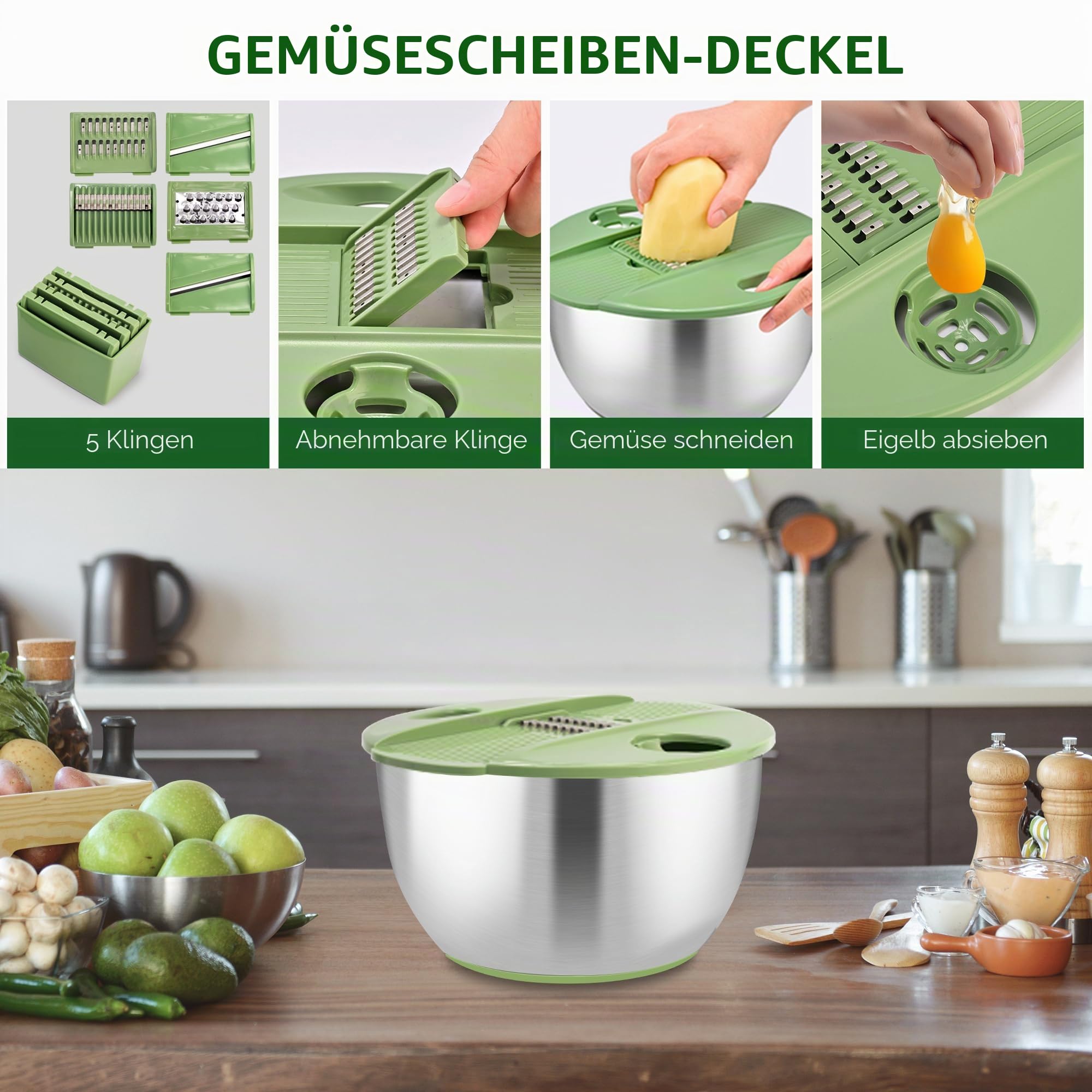 SUSTEAS Salatschleuder Edelstahl mit Schneidefunktion, 4.5L | Salat Schleuder mit Deckel, Salatschüssel mit Abtropfsieb & Eigelbtrenner, Zum Waschen Trocknen & Schneiden von Salat, Gemüse