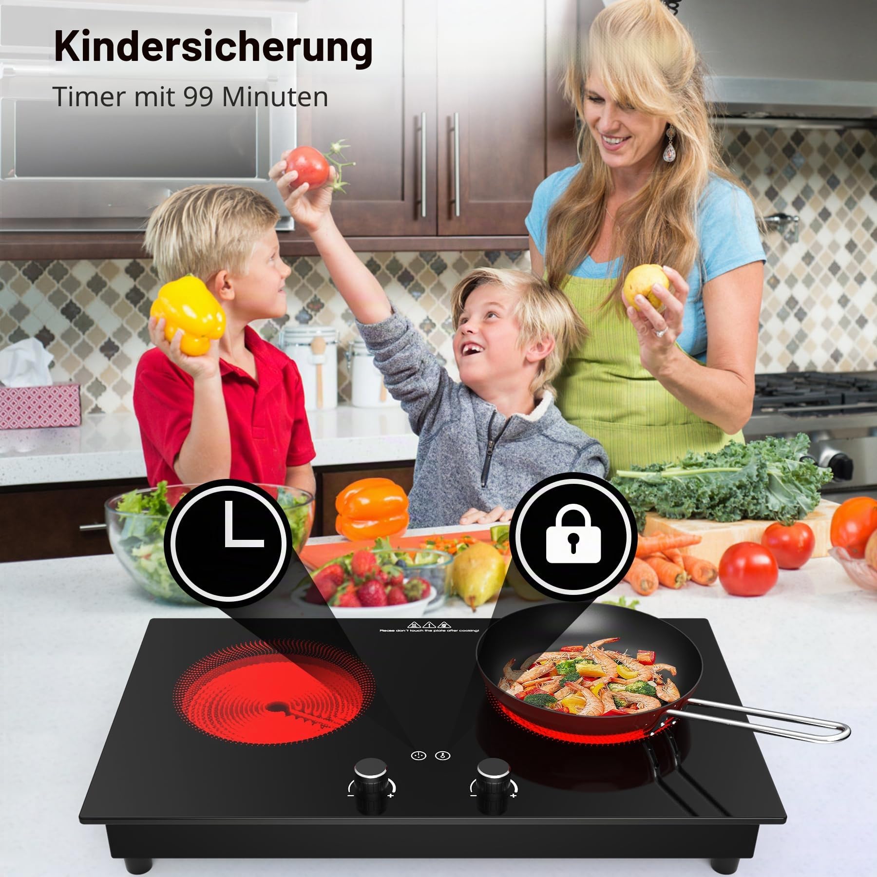 VBGK Elektroherd, 3600 W Glaskeramikkochfeld 2 Platten, Arbeitsplatte und integrierte Kochplatte mit Kindersicherung, Timer, LED-Touch-Knopfsteuerung, Überhitzungsschutz