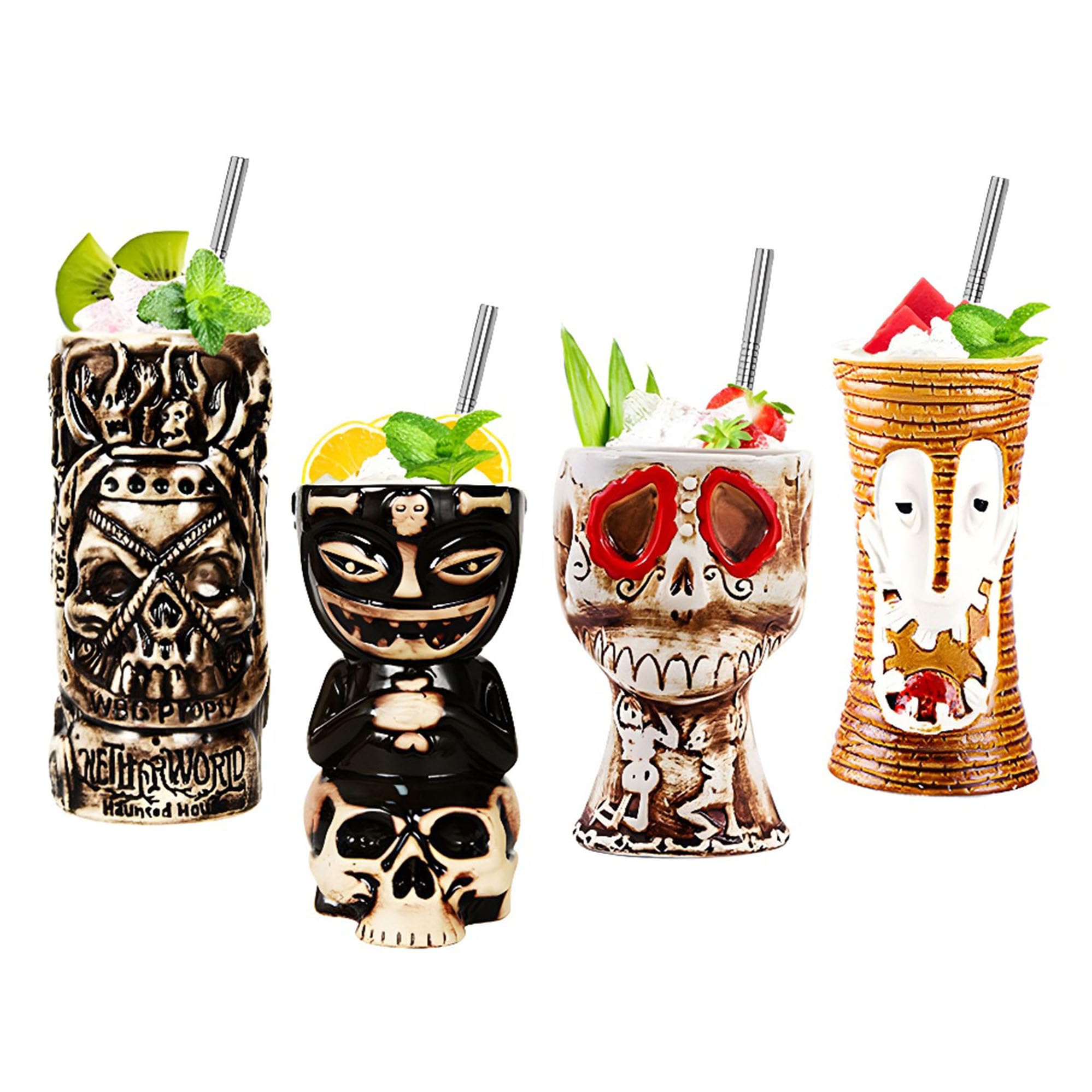 Morlinca Lot De 4 Tiki Mugs En Céramique - Verres à Cocktail Tiki Bar - Décoration Hawaïenne Et Fêtes Thème Tiki