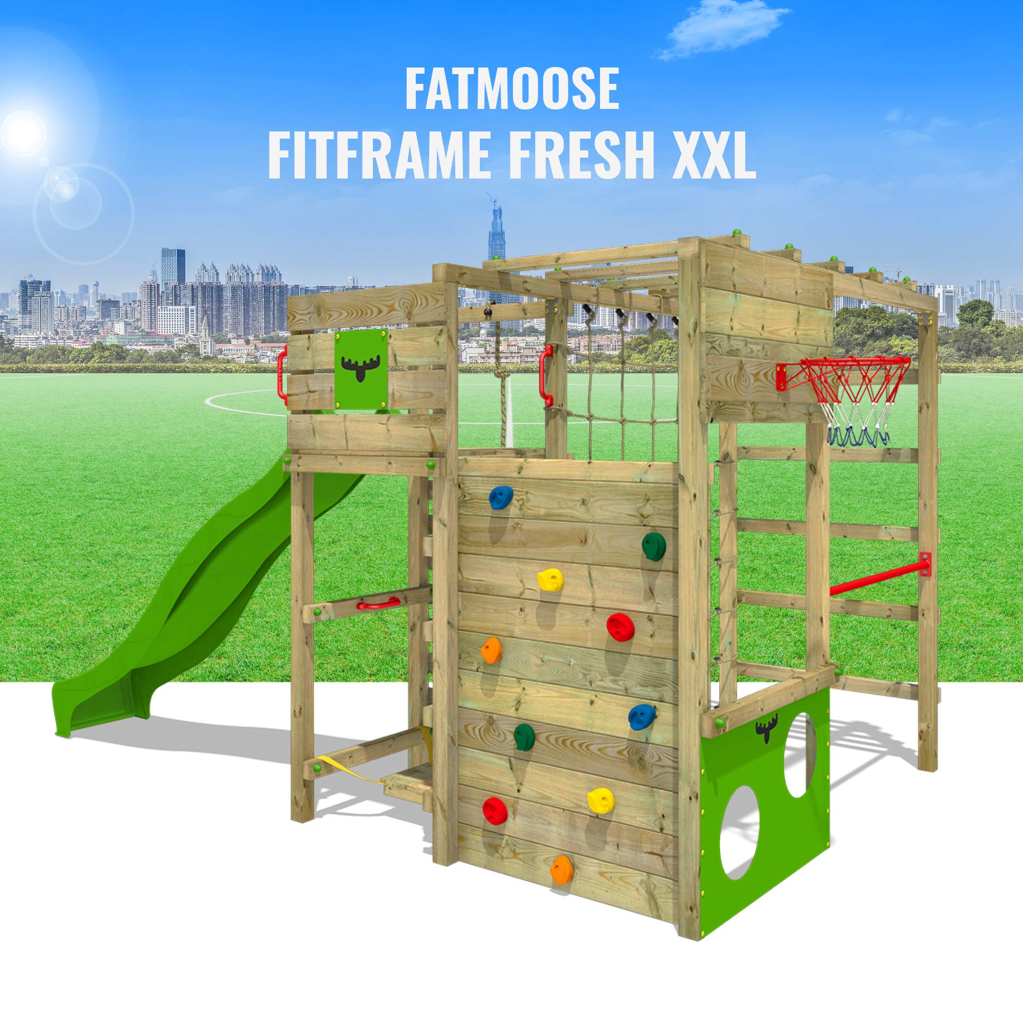 Buy FATMOOSE Wooden Climbing Frame FitFrame with Green Slide, Outdoor