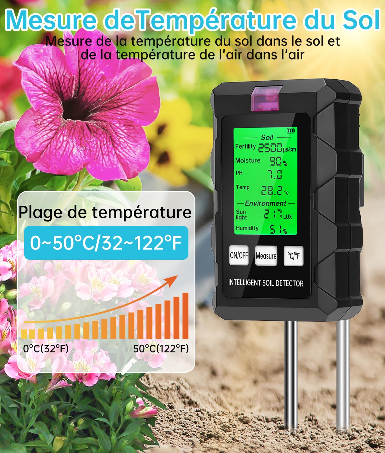 WADEO Testeur d'humidité du Sol, Appareil de Mesure du Sol 6 en 1, Détection de Température, du PH, l'humidité Ambiante, Nutriments, Lumière du Soleil, Adapté au Jardinage et Aux Plantes en Pot